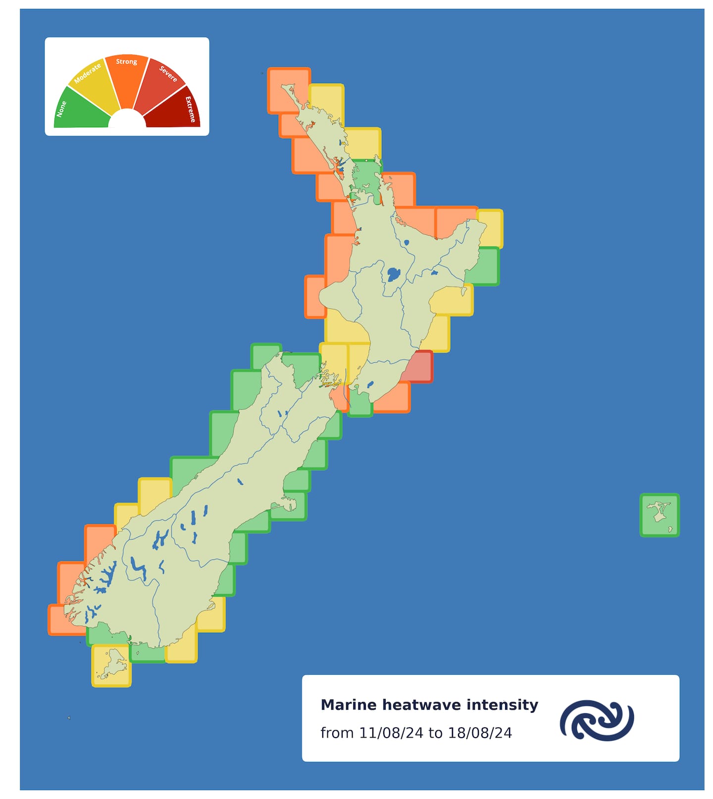 This image shows forecast marine heatwave conditions around New Zealand for the next seven days. Image / Moana Project