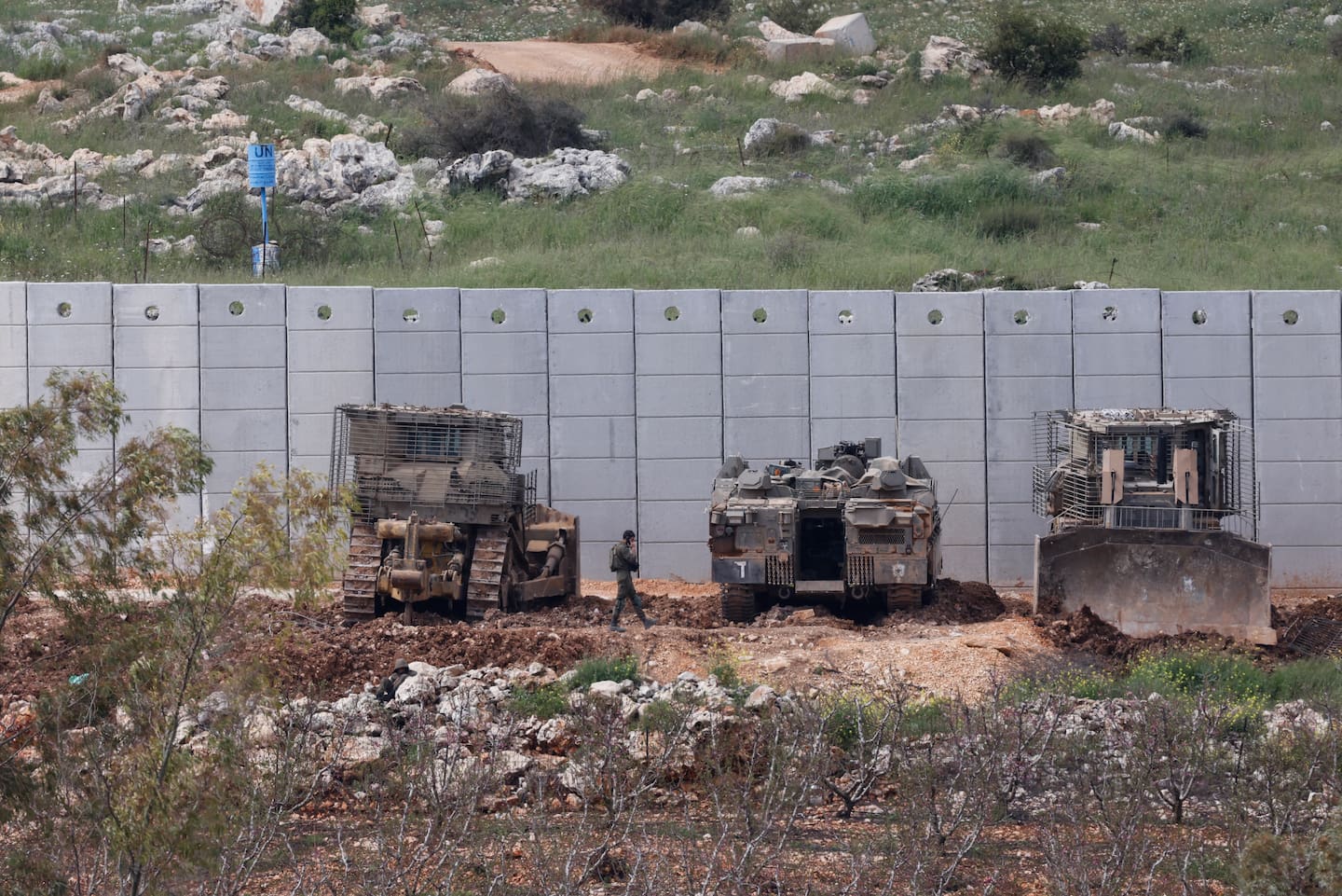 Israeli military vehicles are positioned along the Israel-Lebanon border, as seen from northern Israel, on April 12, 2026. Hezbollah and Israeli forces have been clashing since March 2, two days after the start of the Iran war, following rocket fire by the Lebanese armed group at Israel in retaliation for the killing of Iran's leader. Photo / Jalaa Marey, AFP