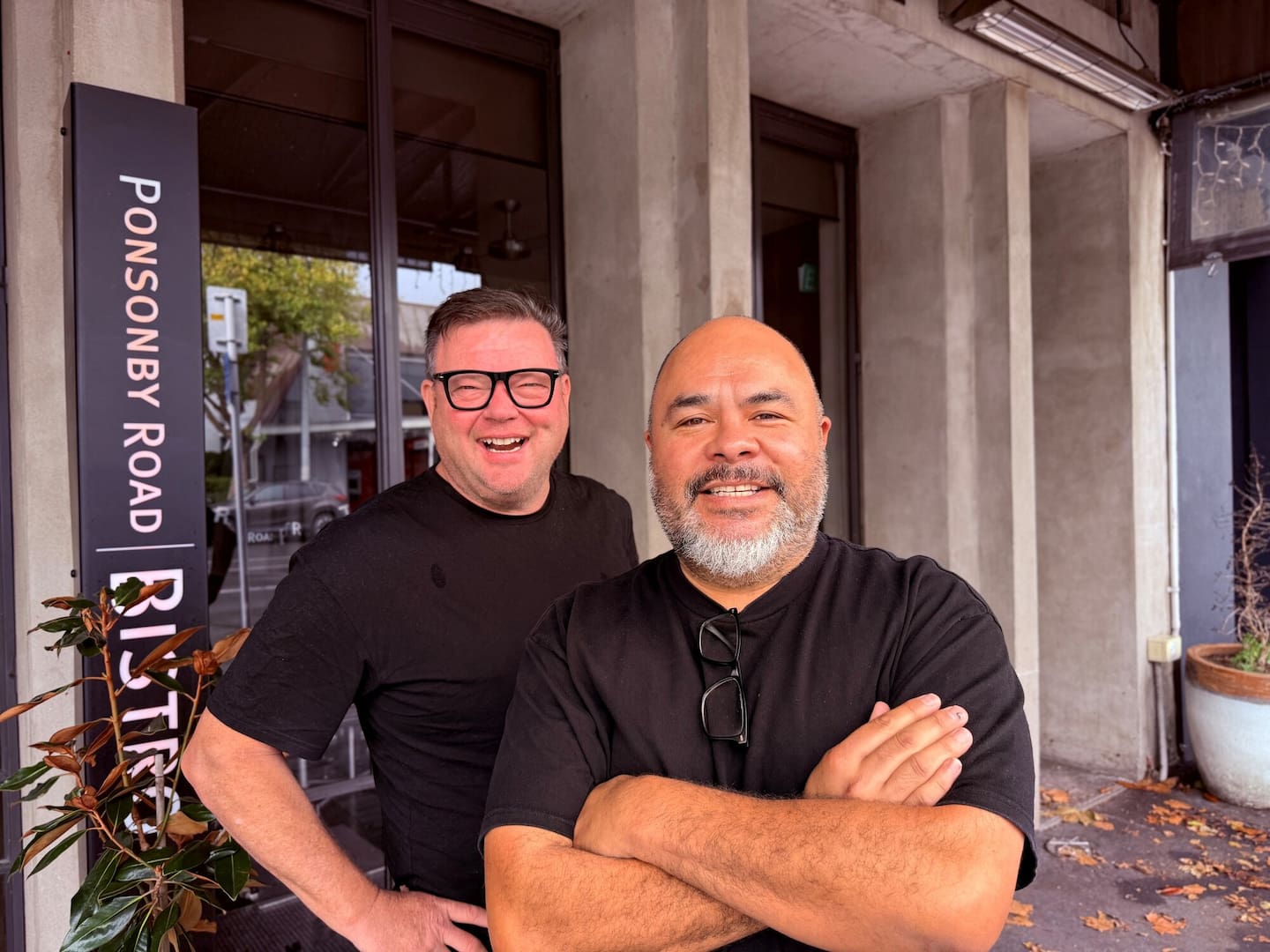 Luke Dallow and Thane Kirby outside the former Ponsonby Road Bistro, which they bought in April 2024 and reopened as GiGi. They have now sold to chef Matt Lambert.