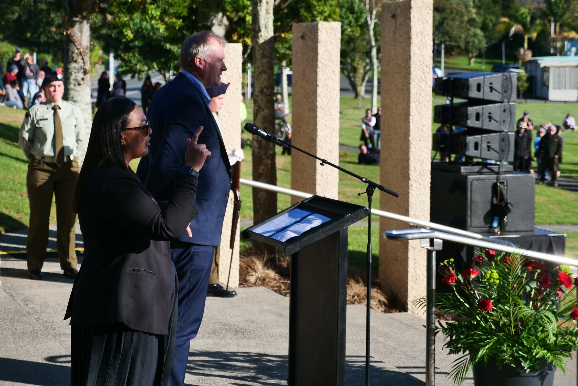 Tauranga Mayor Mahé Drysdale addresses the crowd at the civic memorial service at the cenotaph in Memorial Park. Photo / Tom Eley