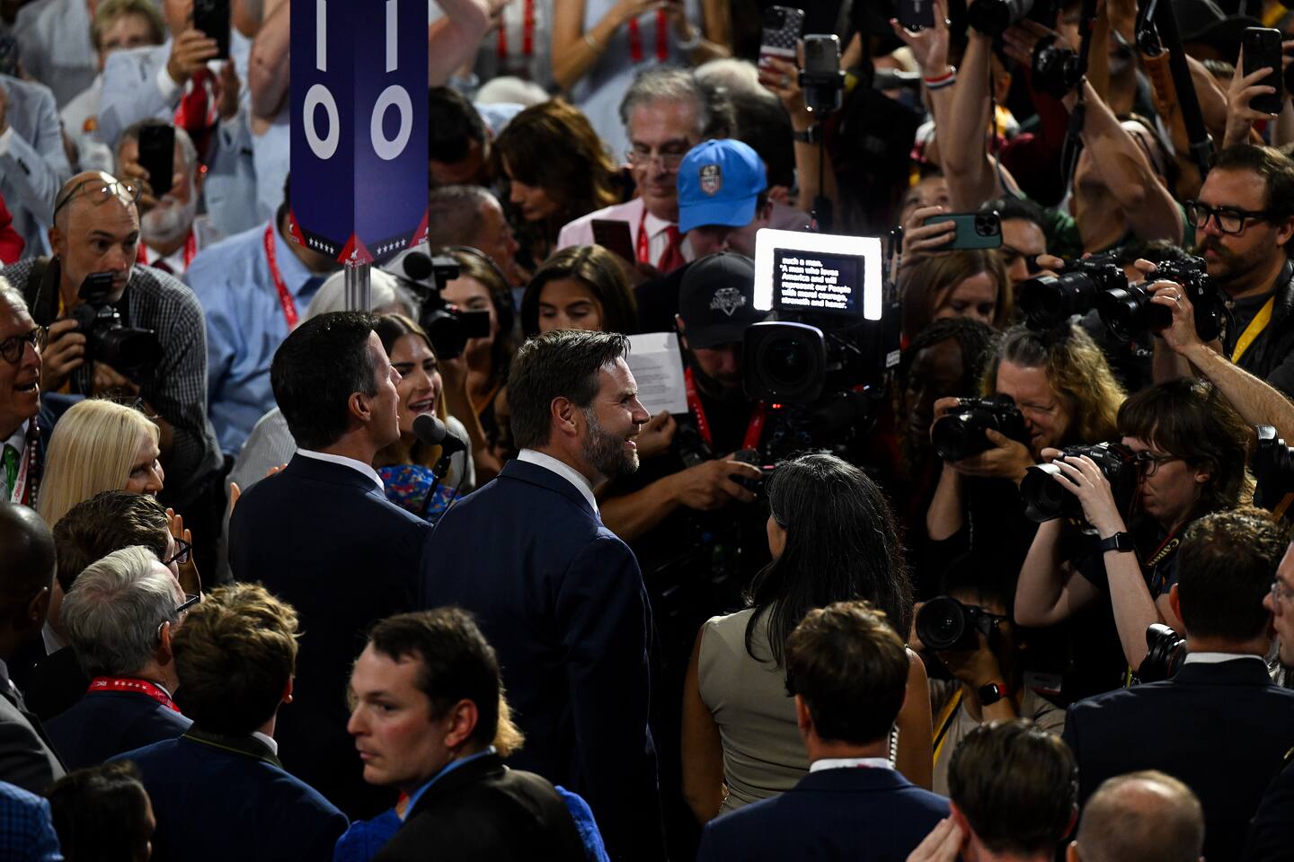 Senator J.D. Vance greets delegates as he accepts the nomination for Vice President during the Republican National Convention on Monday in Milwaukee. Photo / Joshua Lott, The Washington Post