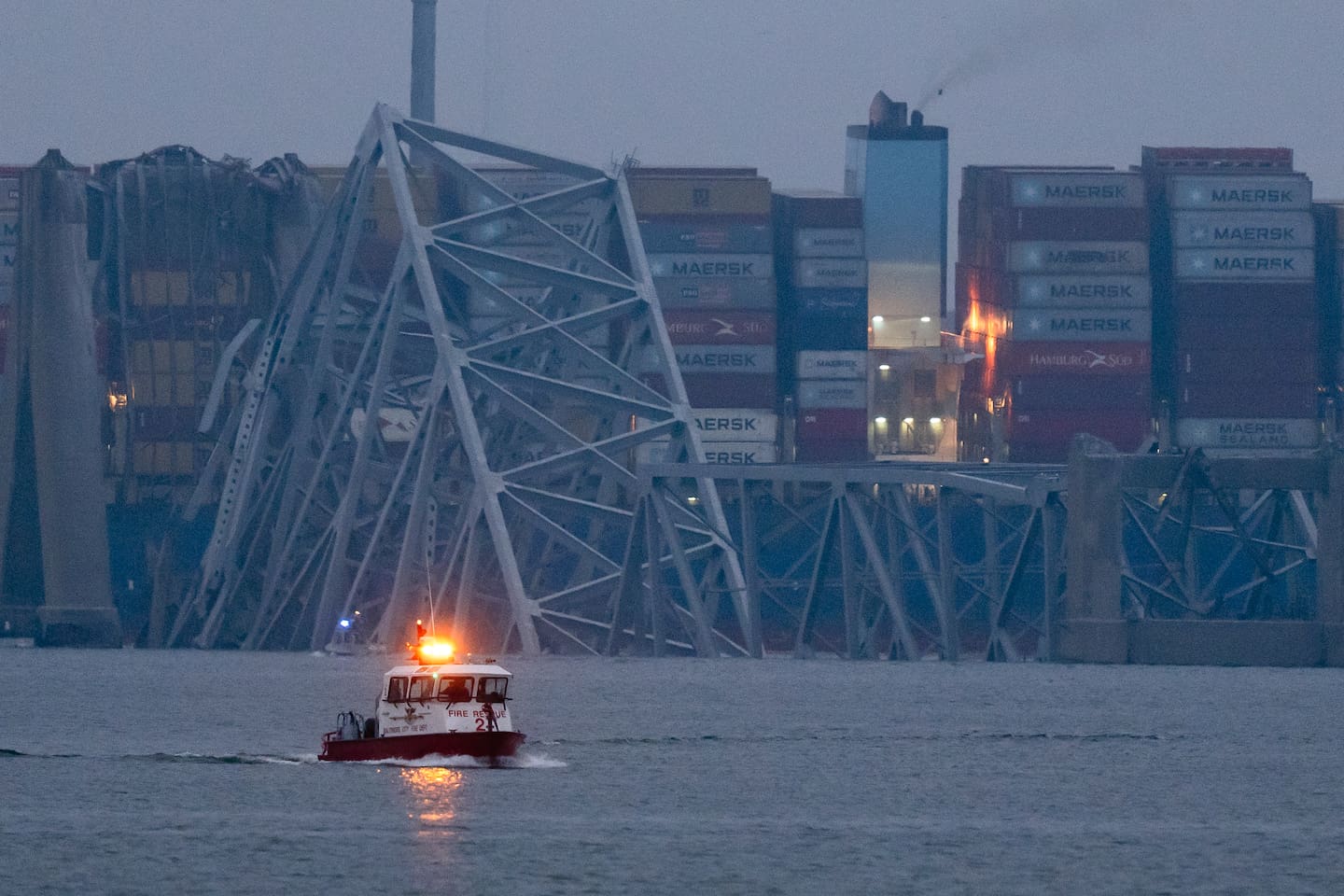 A container ship rests against the Francis Scott Key Bridge in Baltimore. Photo / AP