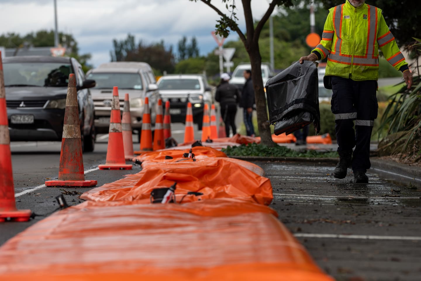 One of the new ARK flood barriers which was set up as a precaution in Wairoa on Sunday. Photo / Annaleise Shortland
