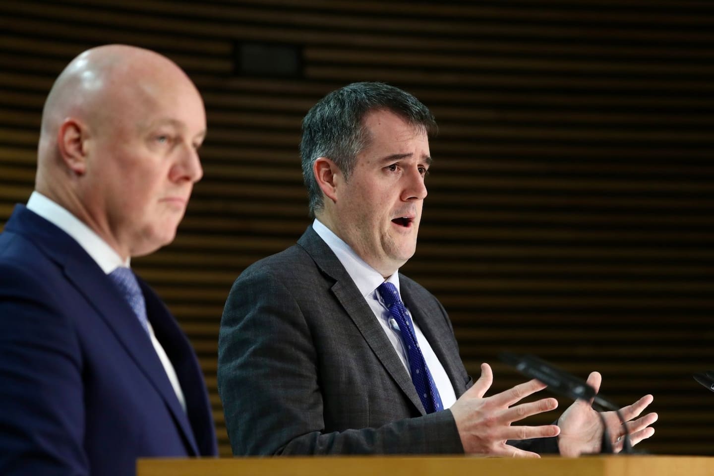Prime Minister Christopher Luxon and Housing Minister Chris Bishop make an announcement about Kāinga Ora at the post-Cabinet press conference at Parliament in Wellington on May 20. Photo / Mark Mitchell