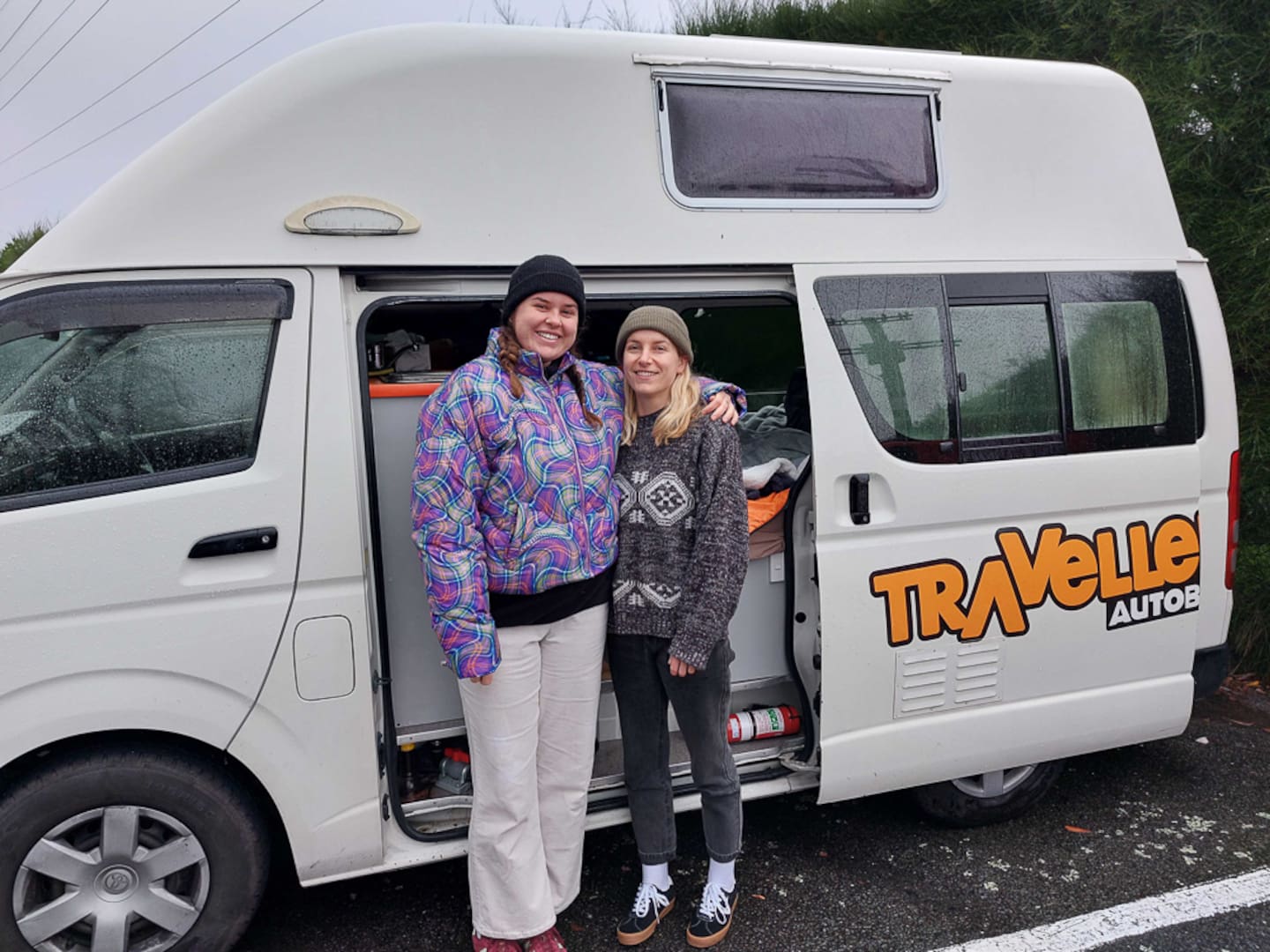 Friends Chelsea Tallnash-Pitt and Lucy Evans arrived in Hawke's Bay on Tuesday and were just settling into the freedom camping site at Haumoana when they were evacuated at 8.30pm. Photo / Gary Hamilton-Irvine