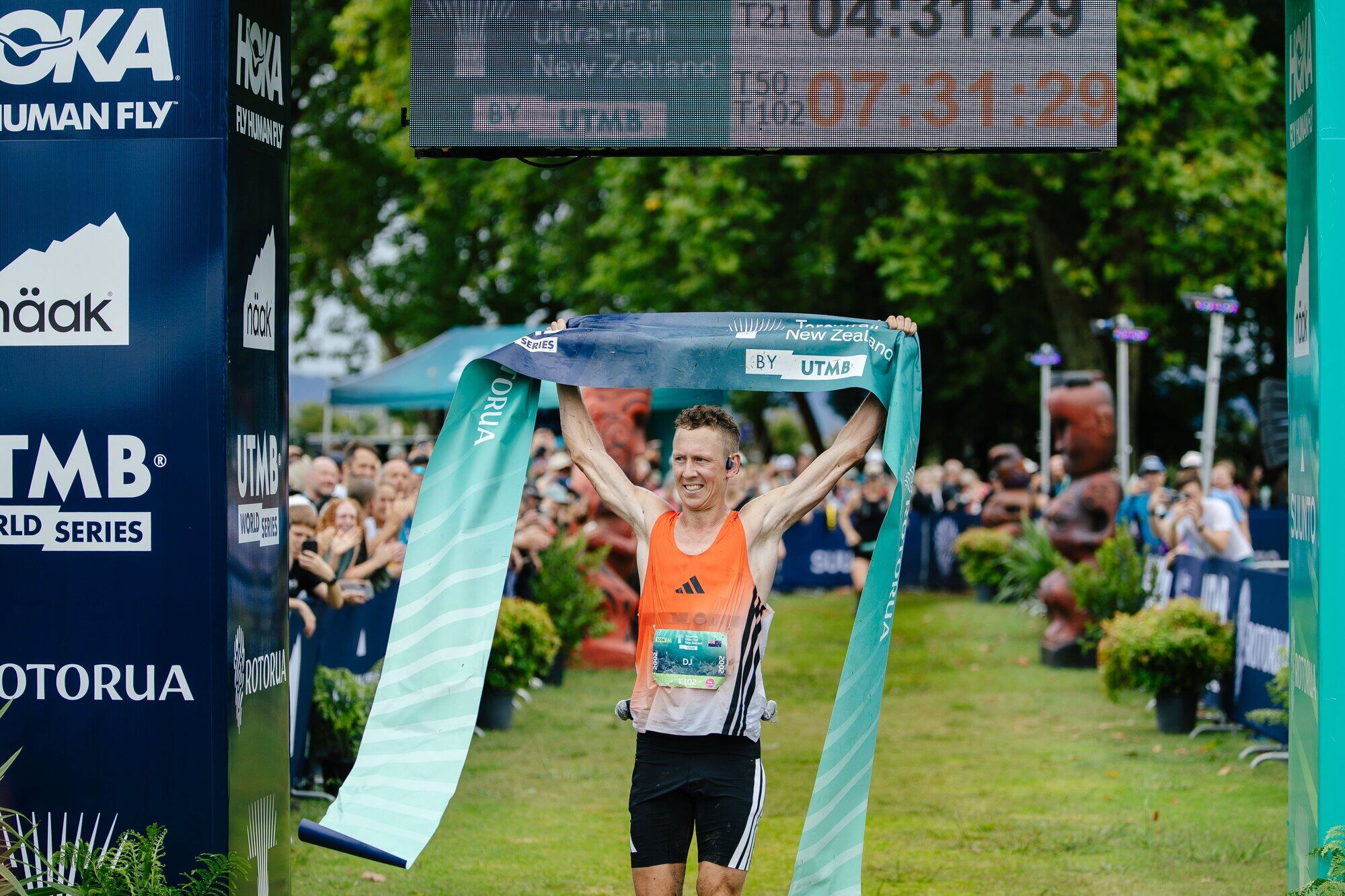 Daniel Jones claims his fourth consecutive T102 title at the Tarawera Ultra-Trail by UTMB. Photo / Graeme Murray