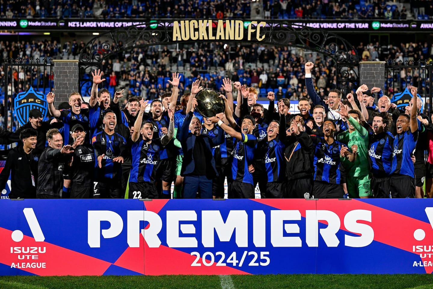 Auckland FC players celebrate winning the A-League Premier Plate. Photo / Photosport