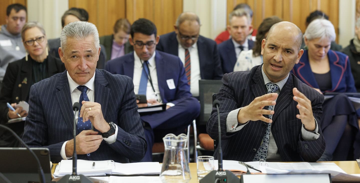 Te Puni Kōkiri chief executive Dave Samuels (left) and Māori Development and Whānau Ora Minister Tama Potaka during a Māori Affairs select committee hearing at Parliament. Photo / Mark Mitchell