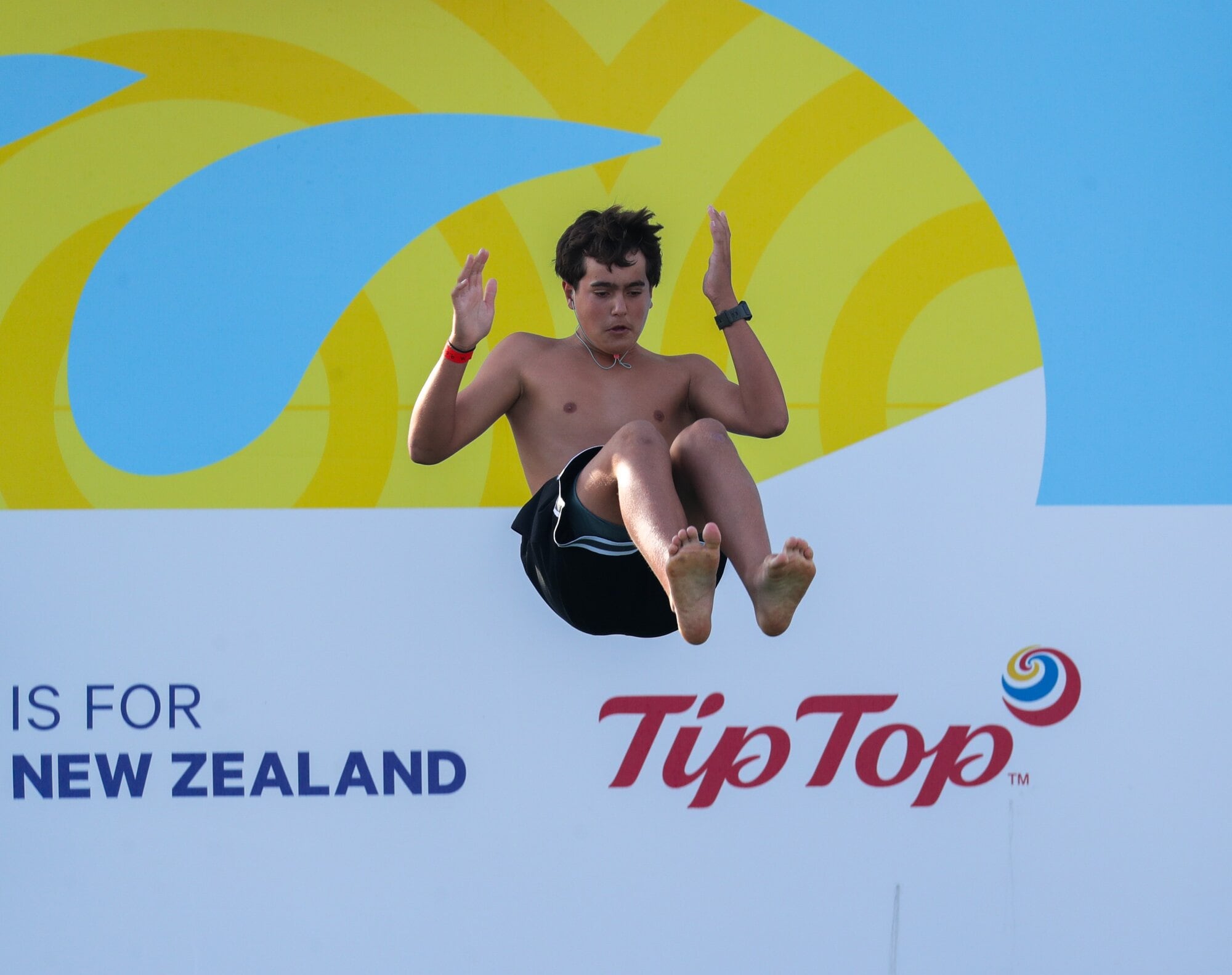 Mount Maunganui’s 12-year-old Kadyn Kanohi at the Z Manu World Champs, Auckland finals knockout round, making a splash that reached 8.2m. Photo / BLINKSHOT Photography, Zach Quin