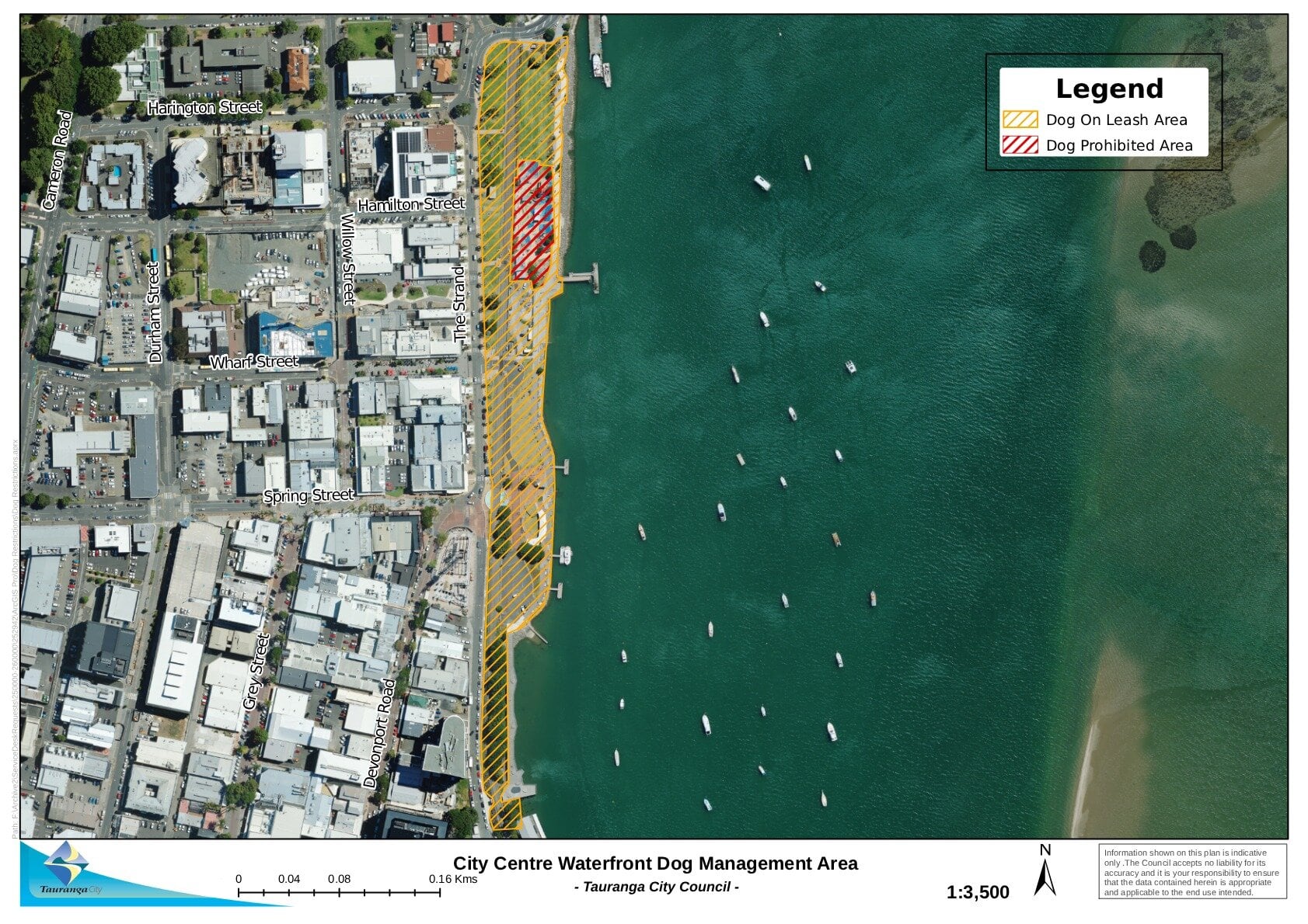  Leashed and prohibited areas on the city centre waterfront. Map / Tauranga City Council