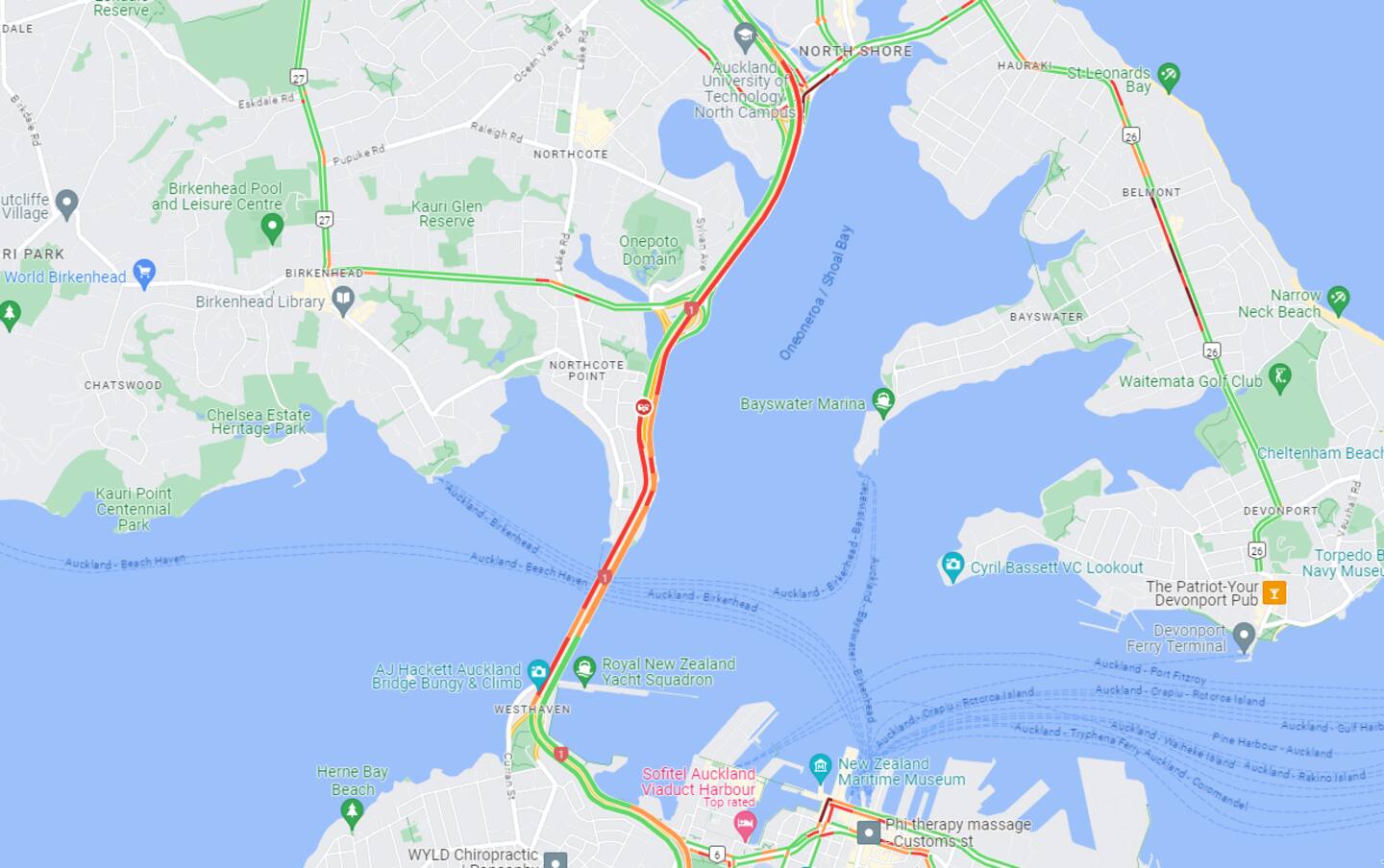 Congestion across the Auckland Harbour Bridge after a crash near the Stafford Rd off-ramp on the Northern Motorway. Photo / Google