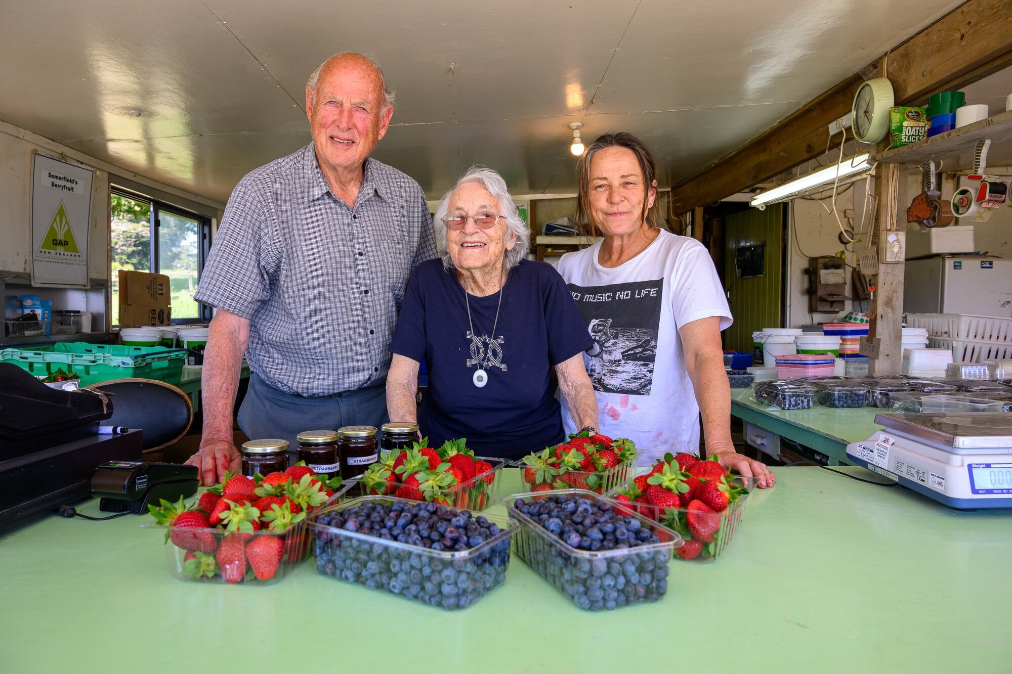  Richard, Valerie and Trish Somerfield at the packhouse at Somerfield Berryfruit farm in Oropi.  Photo / David Hall