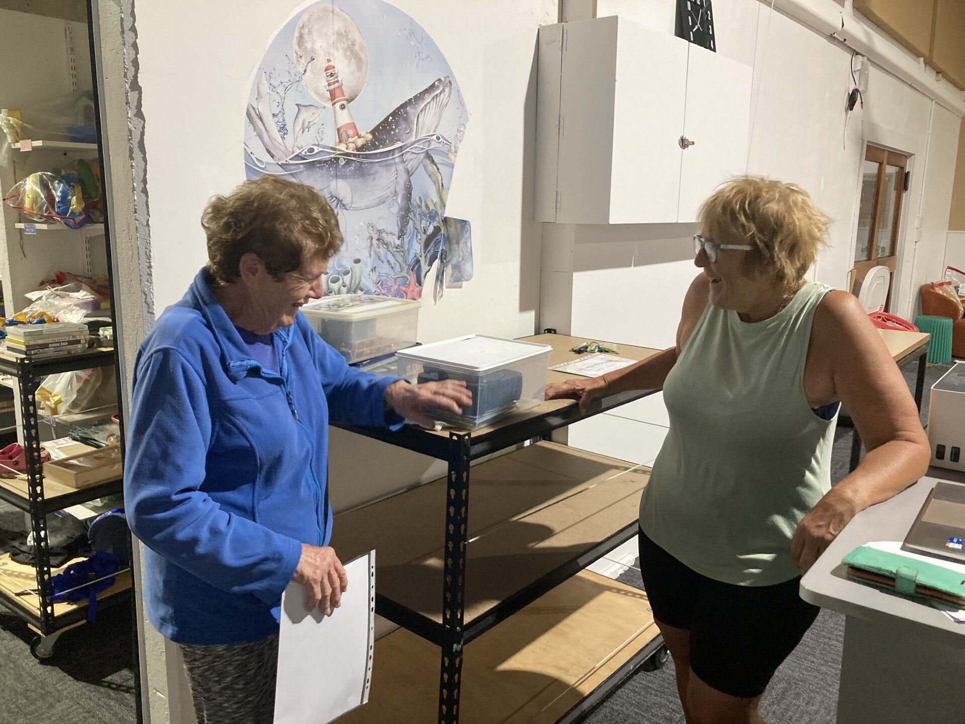 Sandy Goode and Jean Peat hard at work, talking toys inside Katikati Toy Library. Photo / Merle Cave