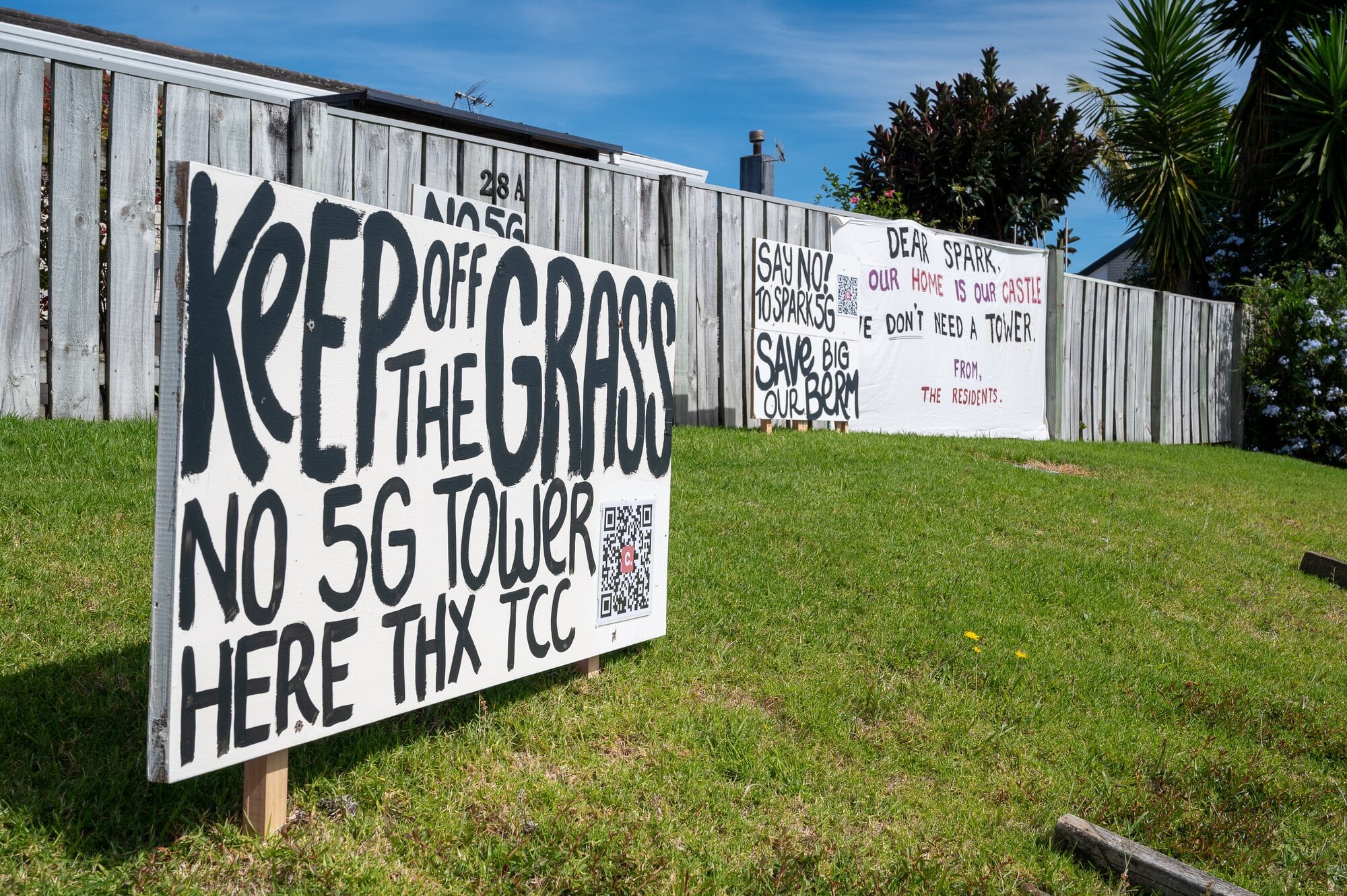 Signs along Waimapu Street, protesting the proposed cell site. Photo / David Hall