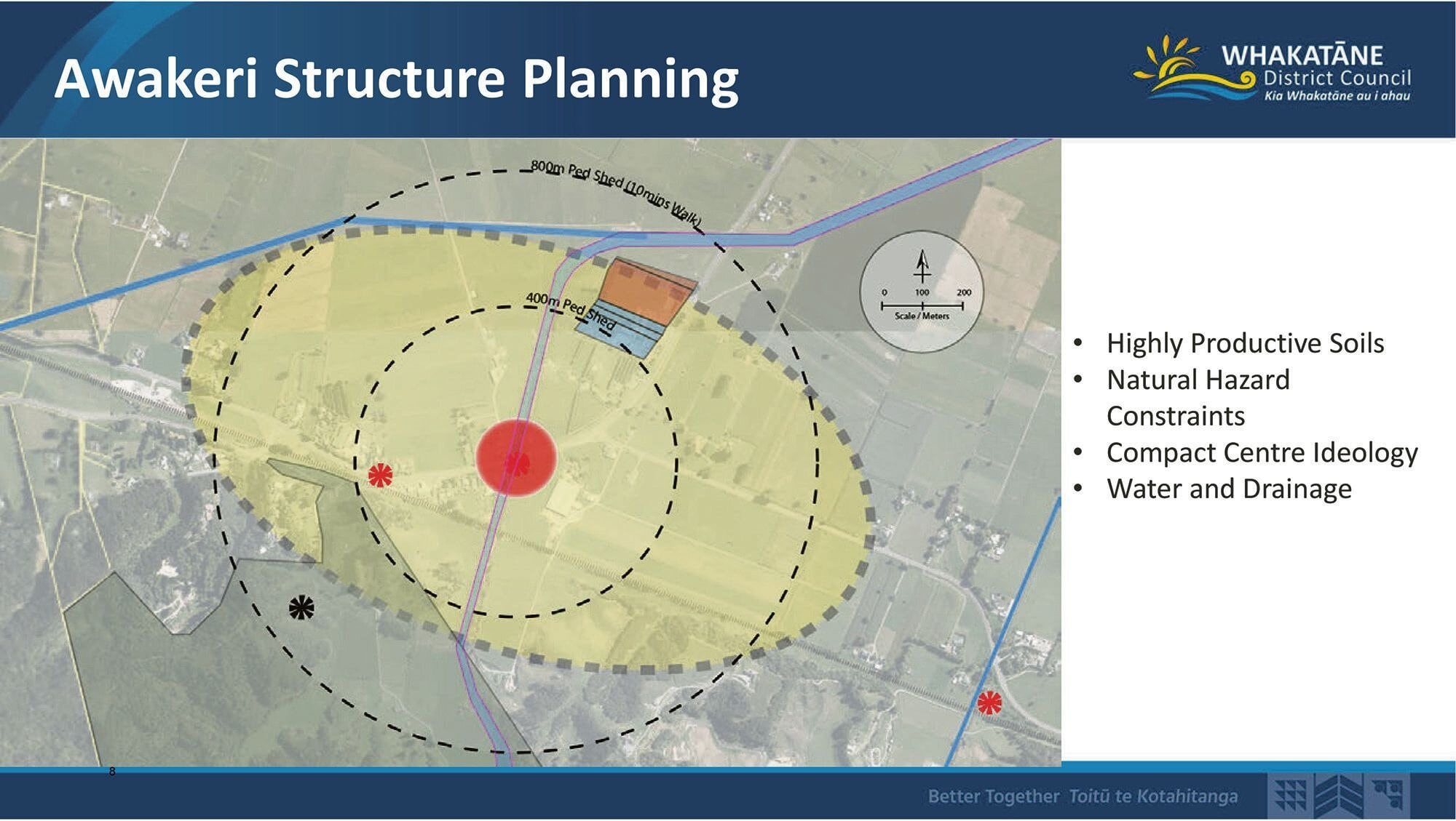  A presentation slide shown to councillors on Wednesday shows 400m and 800m &ldquo;pedestrian sheds&rdquo; imposed over Awakeri, representative of five- and 10-minute walks and widely accepted as a template for a compact walkable urban catchment. Image / Supplied