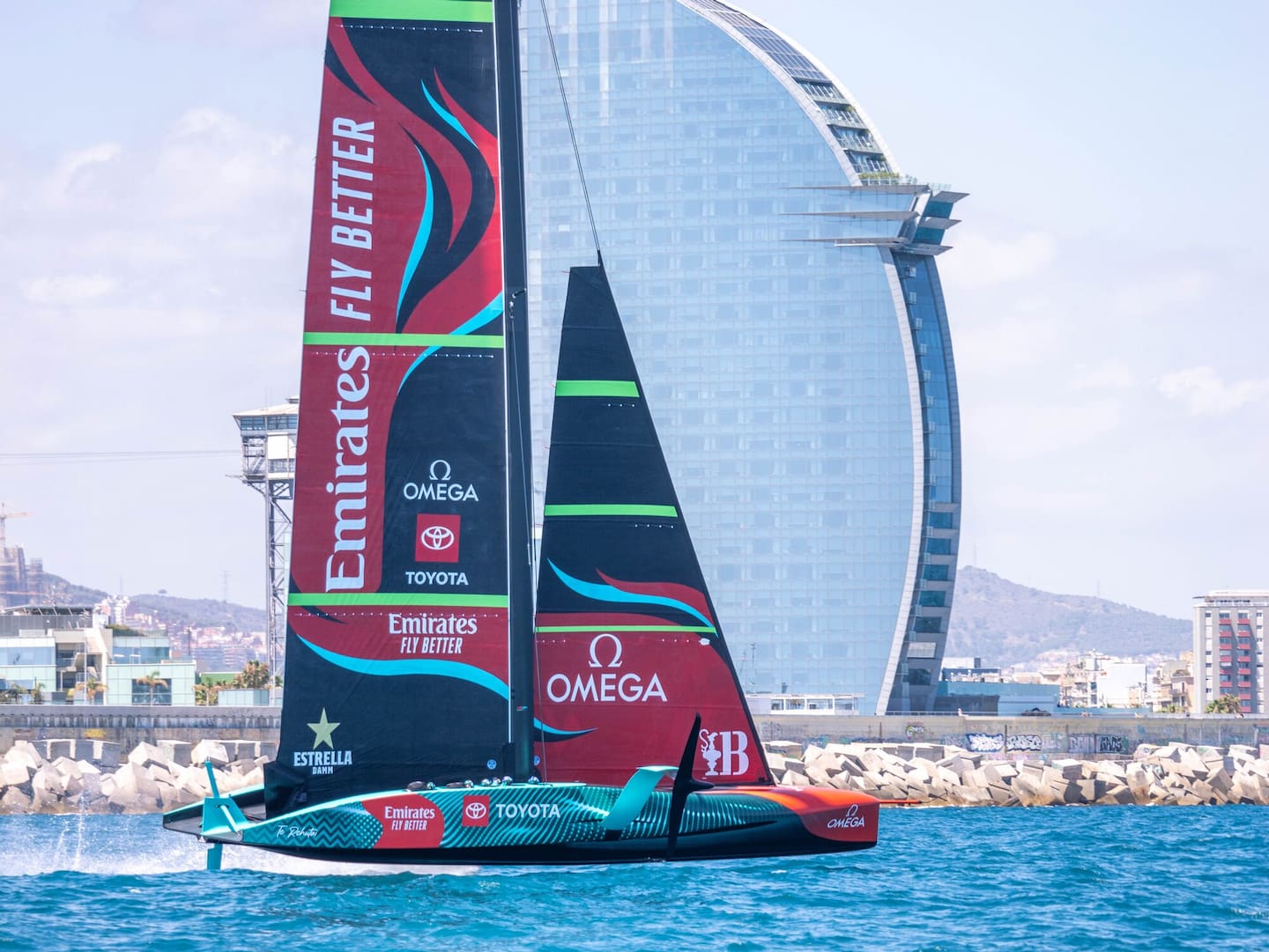 Team New Zealand making waves at the last regatta in Barcelona. Photo / Emirates Team New Zealand