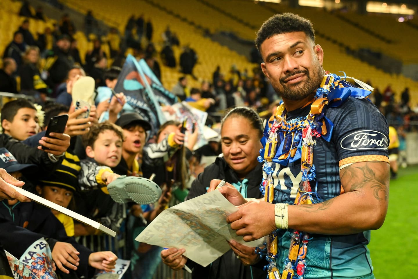 Ardie Savea with Moana Pasifika fans this season. Photo / Photosport