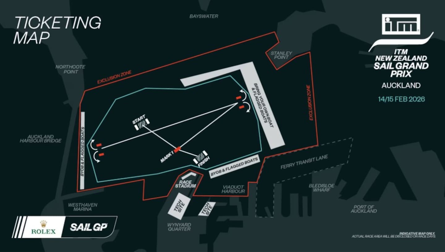 An indicative map of the race area for SailGP's return to Auckland. Image / SailGP