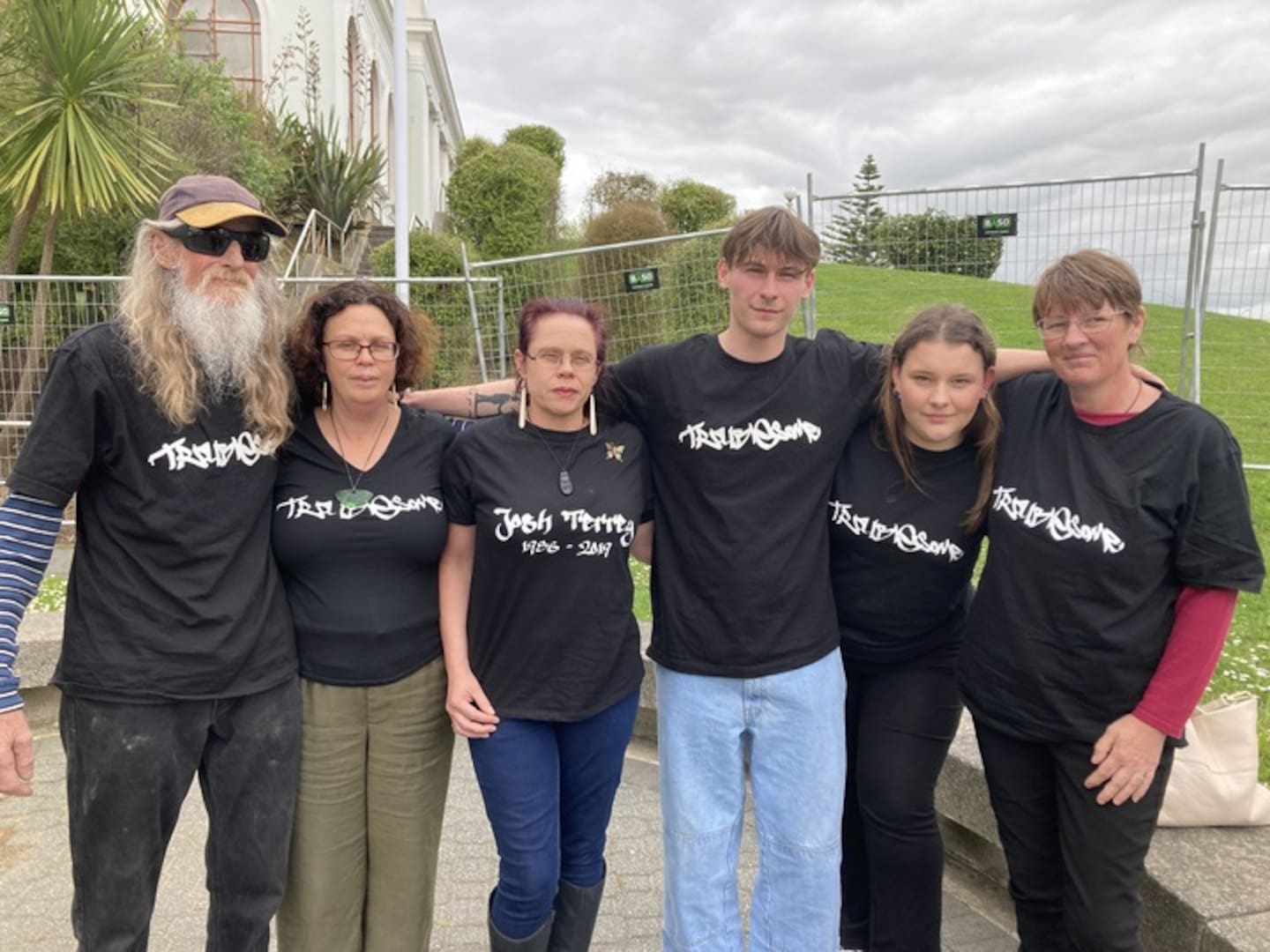 Joshua Terrey's family outside the Hamilton District Court in November last year, from left, his father, Peter Terrey, sisters Gypsy and Ngapania Anderson, son, Kee-lin, 17, daughter, Myah, and Cindy Terrey. Photo / Belinda Feek.