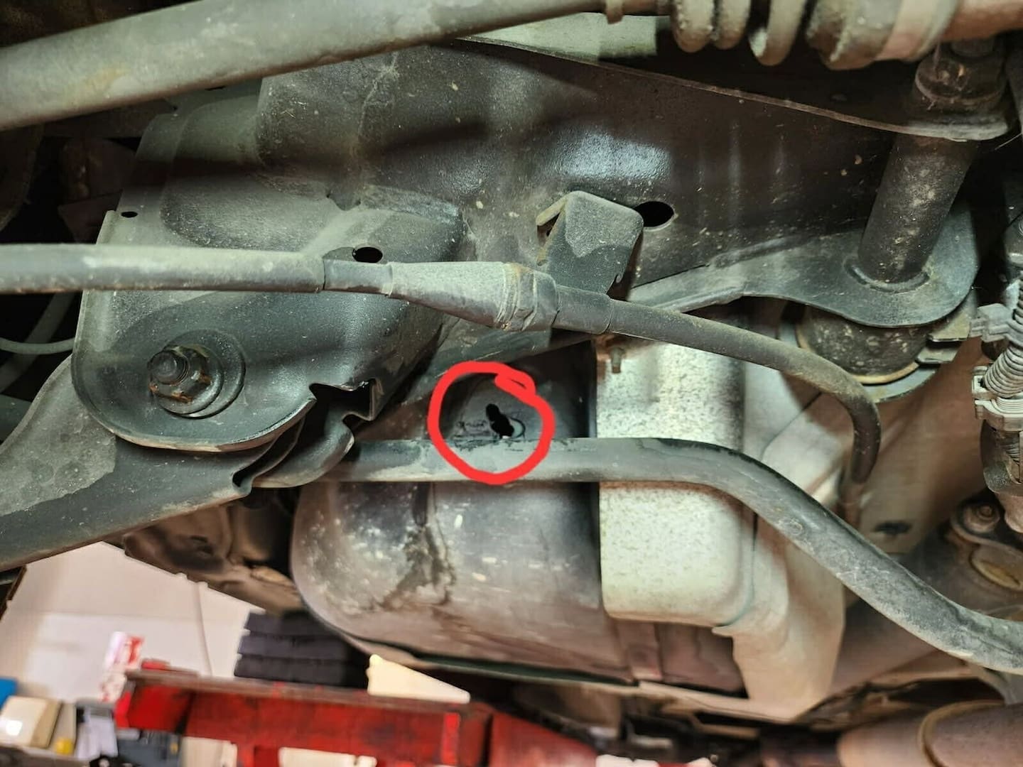 The hole that someone drilled in Hamilton resident Rahema Lingman's car fuel tank to steal all her petrol.