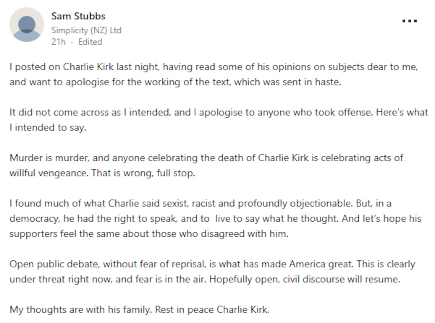 Sam Stubbs' clarification post made on LinkedIn.