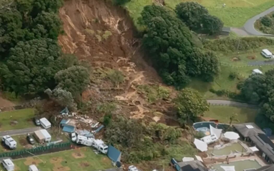 The slip at Mauao, Mount Maunganui as seen from the air. Photo / Screengrab, Amy Till