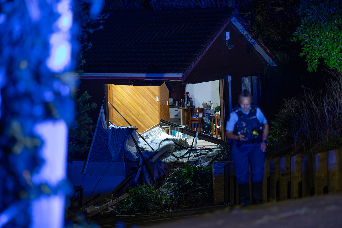 A police spokesperson said they were called to Don Buck Rd at 4.20am. Photo / Hayden Woodward.