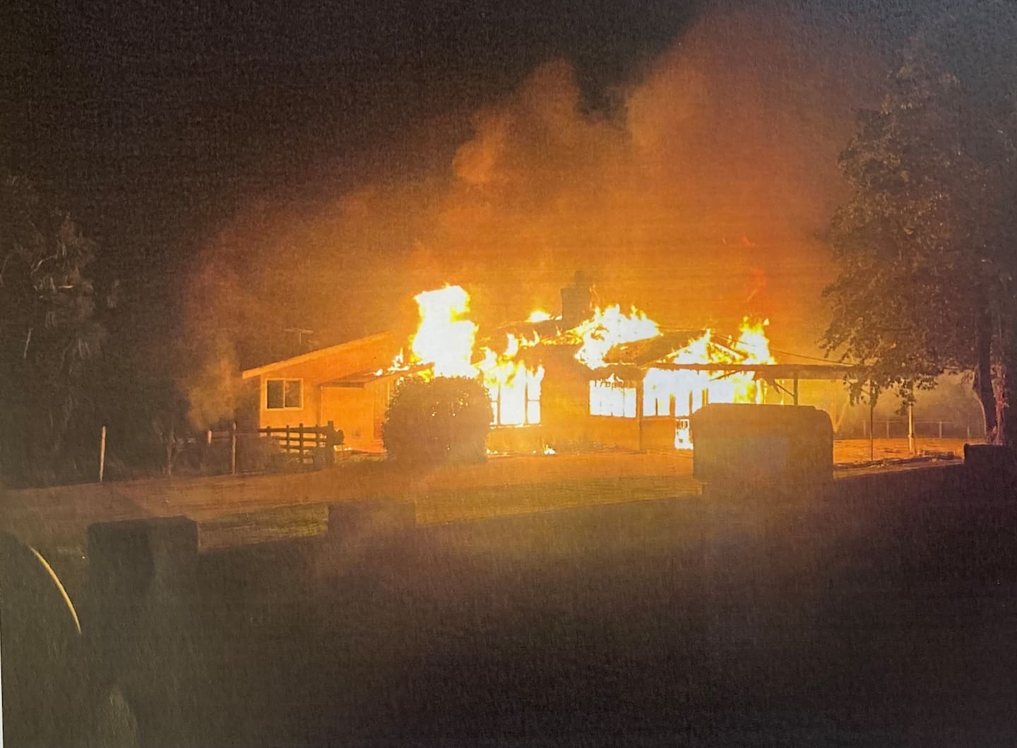 The Tākaka home fully ablaze, after Hamish Ray set it alight in a rage over his ex-partner. Photo / Supplied