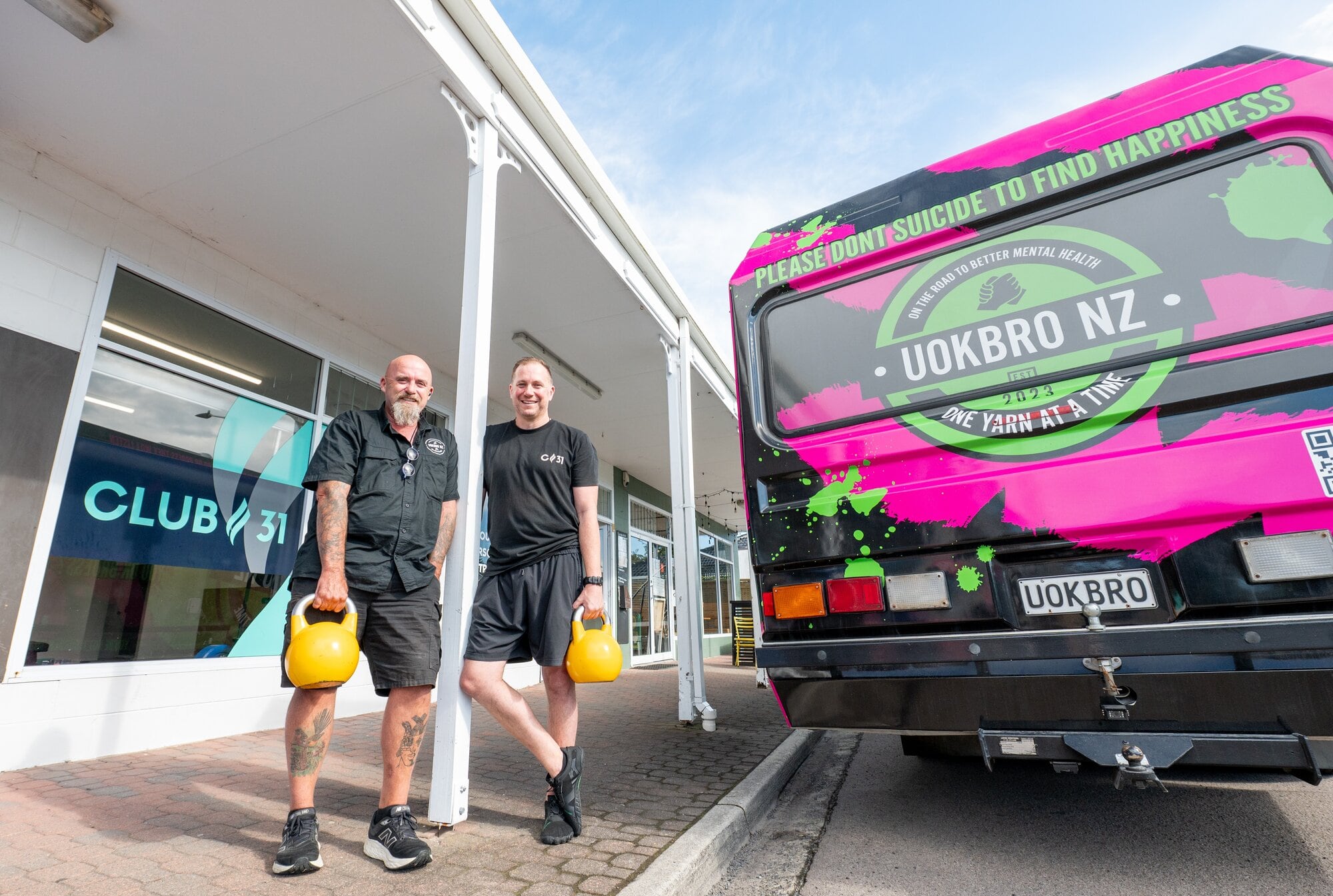  Scotty Harvey and Brent Mayhew outside Club 31 in Matua with the iconic UOKBRO truck. Photo / Brydie Thompson