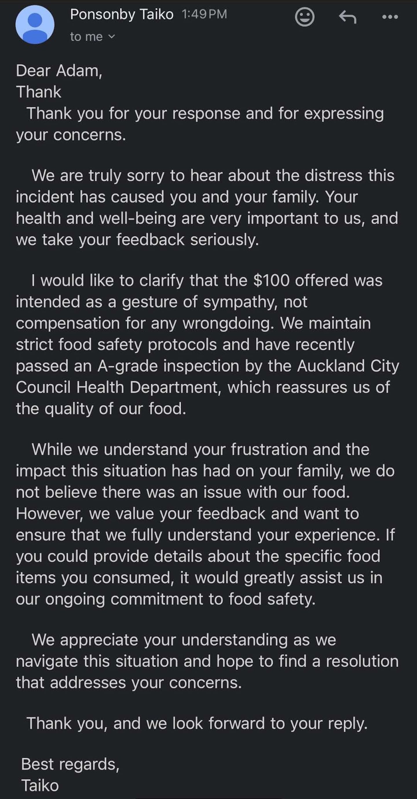 The response from Japanese restaurant Taiko Ponsonby after a customer complained of food poisoning after dining.