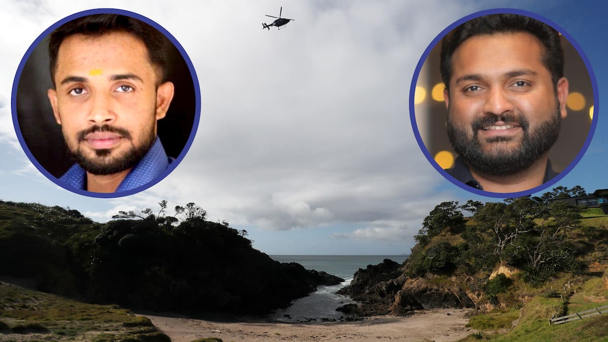 The body of Sarath Kumar (left) was found on Friday. His friend Ferzil Babu (right) is yet to be located after both men went fishing last week at The Gap at Taiharuru, Whangārei Heads. Photos / Michael Cunningham