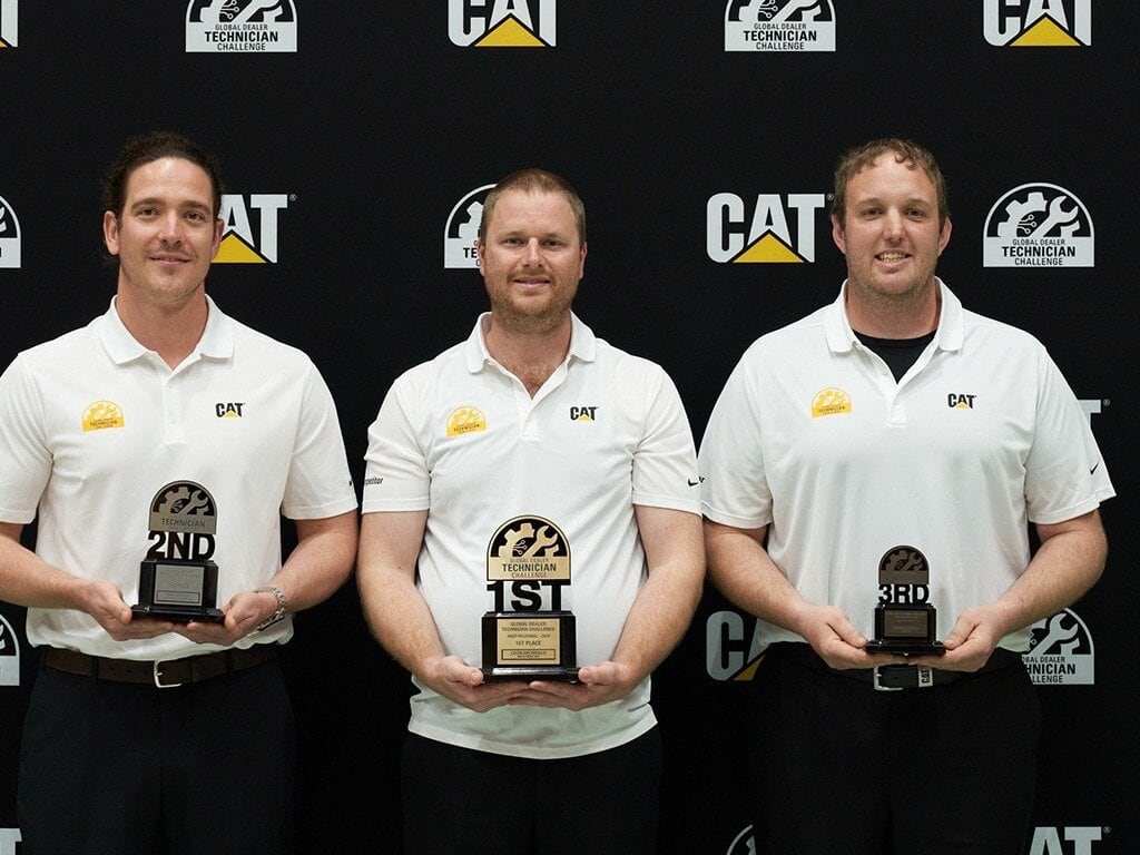  The podium at The Caterpillar Asia-Pacific Regional Qualifier for the Global Dealer Technician Challenge held in Melbourne: Second place, Rhys Bishop from Hastings Deering, representing Queensland; first place, Leon Archibald from WesTrac, representing Western Australia; and third place, Brenton Page from Terra Cat, representing New Zealand. Photo / Supplied