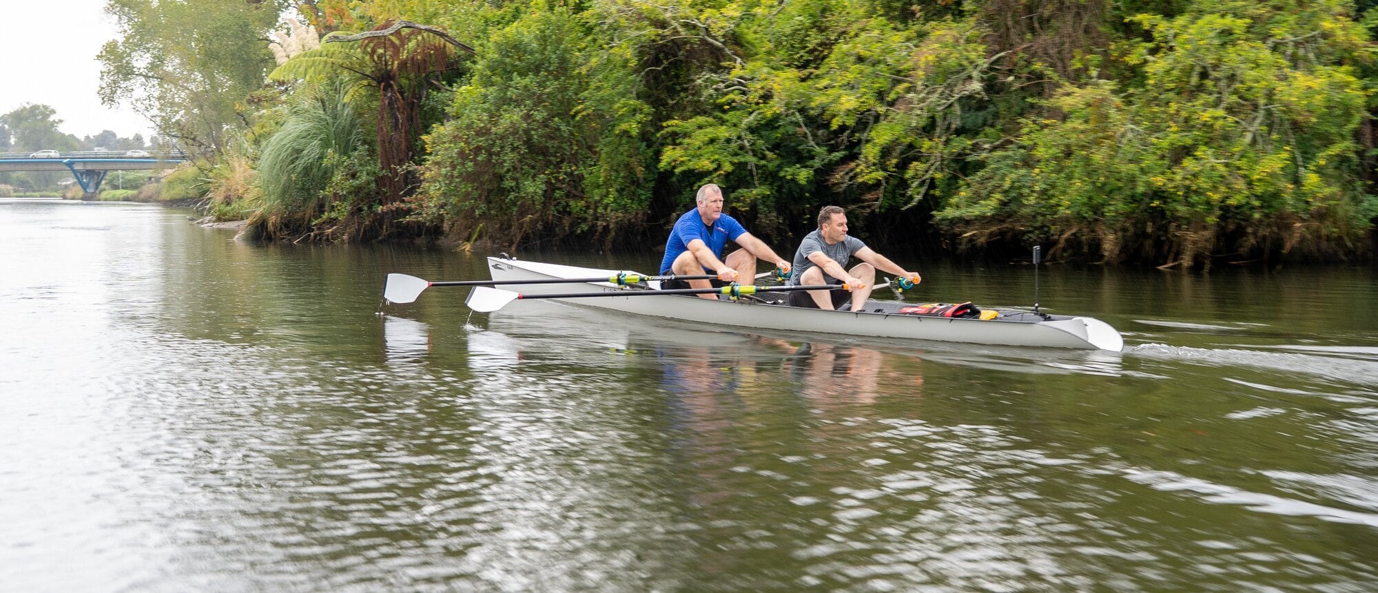 Tauranga mayor Mahé Drysdale and Western Bay mayor James Denyer rowing on the Wairoa River. Photo / Tauranga City Council