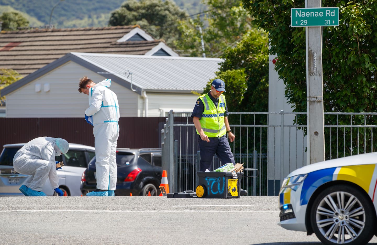 Police investigating the scene of the fatal hit and run on Naenae Rd on November 16. Photo / Mark Mitchell