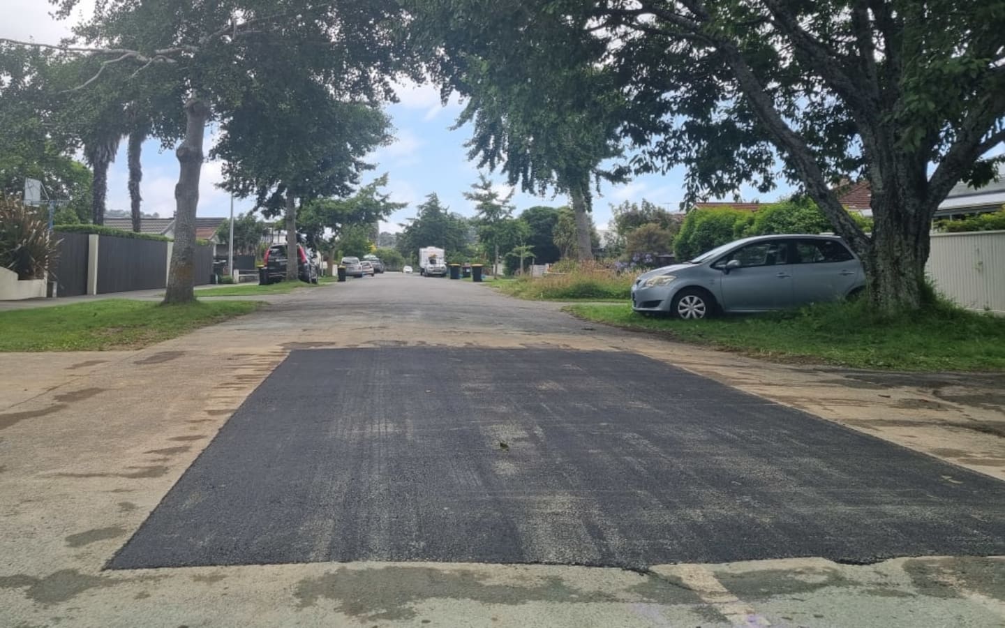 The patched-up hole in Halifax St East. Photo / Samantha Gee, RNZ