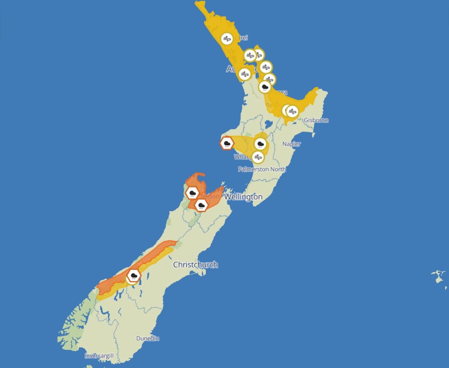 MetService said there was a front moving east across the country which was expected to bring heavy rain, and strong north-to-northeast winds. Photo / MetService