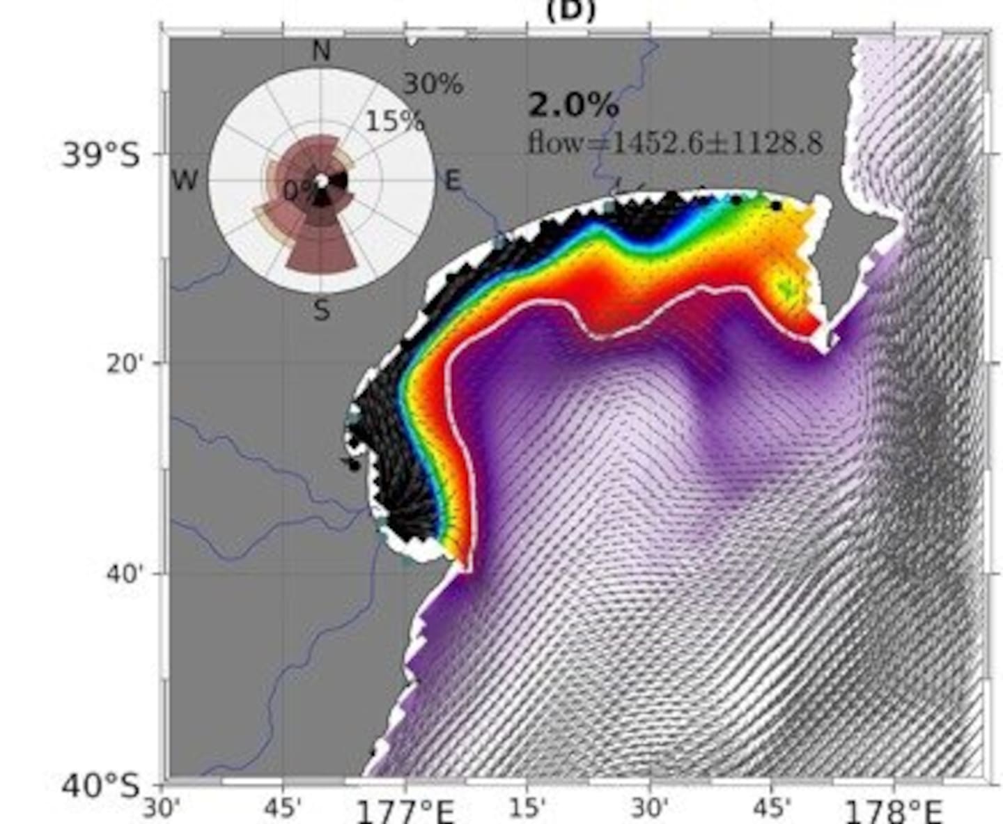 A synthesis of computer simulation results showing freshwater concentration (red through black) for southerly winds - a situation that would help push drifting material towards Mahia.