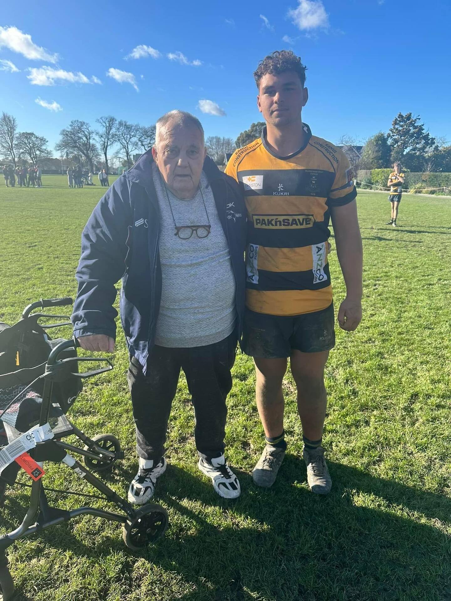 Barry Gardiner with his grandson, Jordyn Gardiner, after a Marlborough Boys' College vs St Andrews rugby match in Christchurch. Photo / Supplied