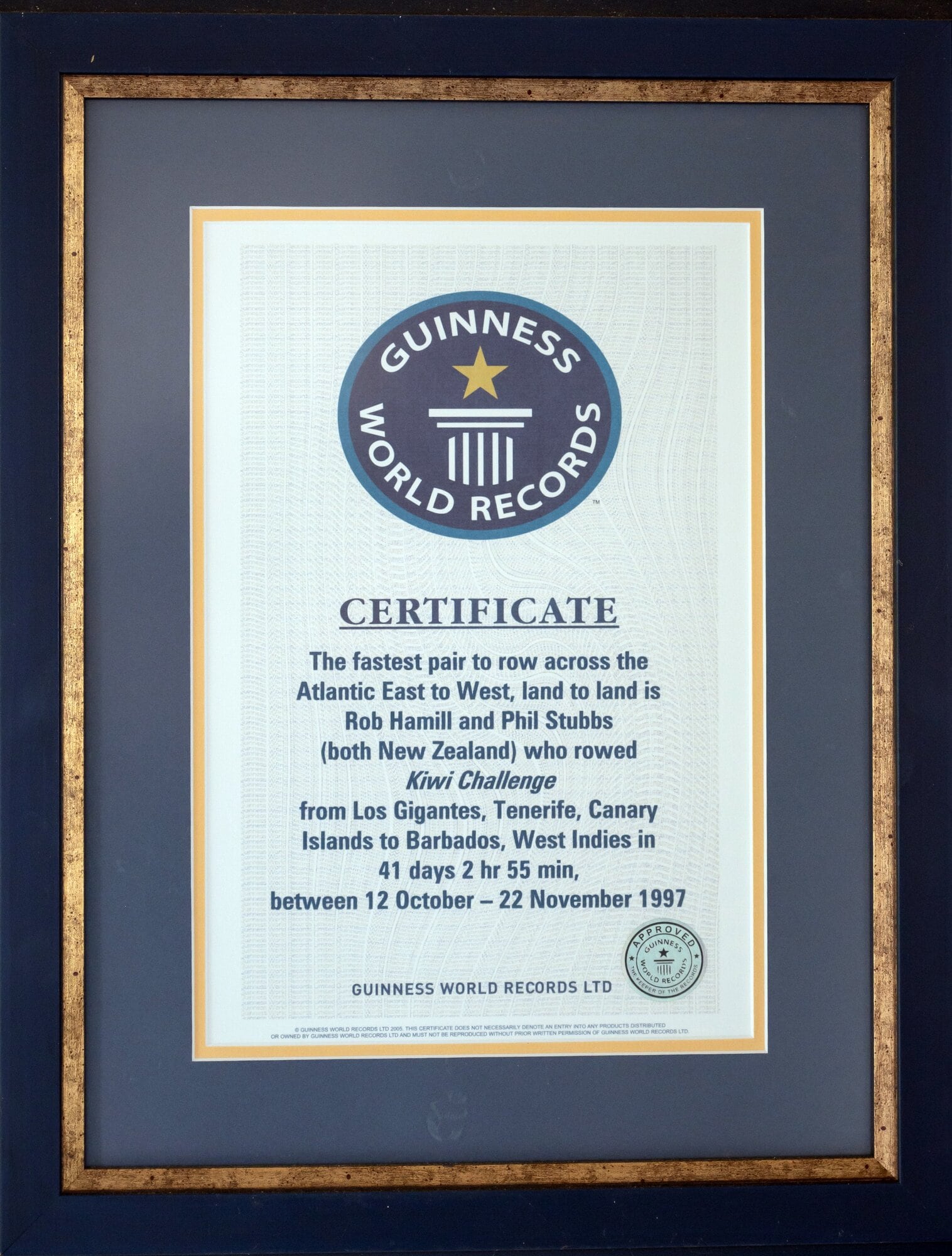  The Guinness World Record certificate awarded to Phil Stubbs and Rob Hamill for fastest pair to row across the Atlantic East to West.   Photo: Brydie Thompson.