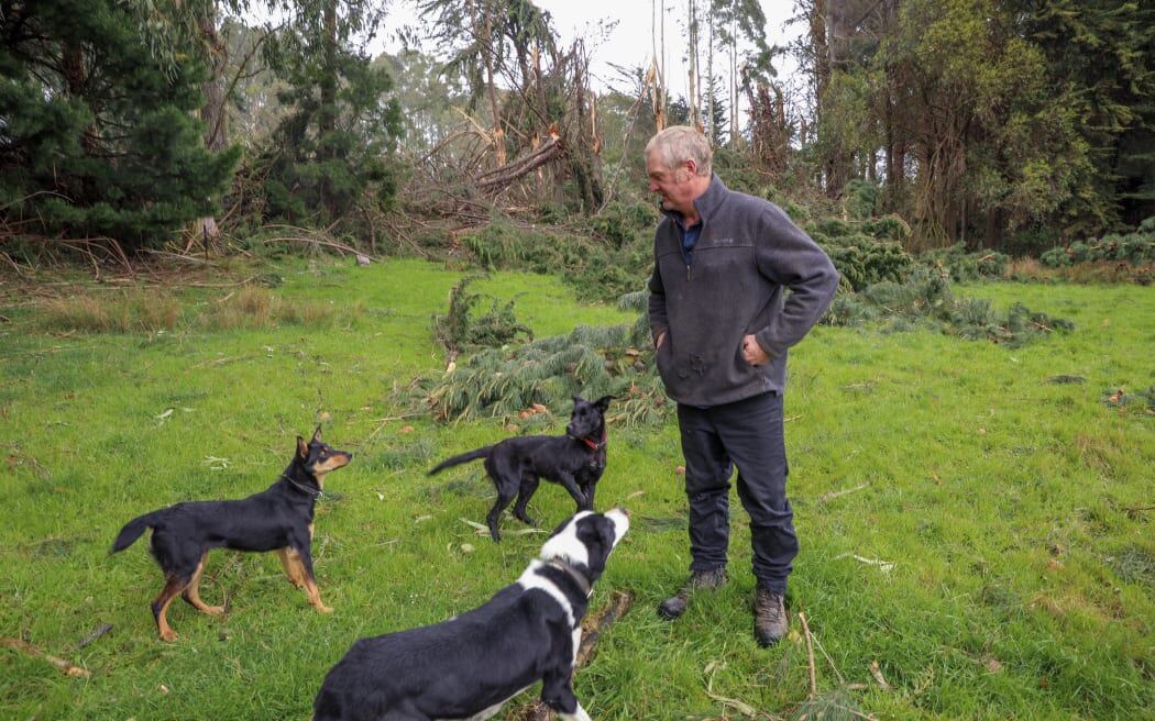 Clutha Valley farmer Richard Hunter says the clean-up on his property is still going, four months after a damaging storm. Photo / RNZ, Calvin Samuel