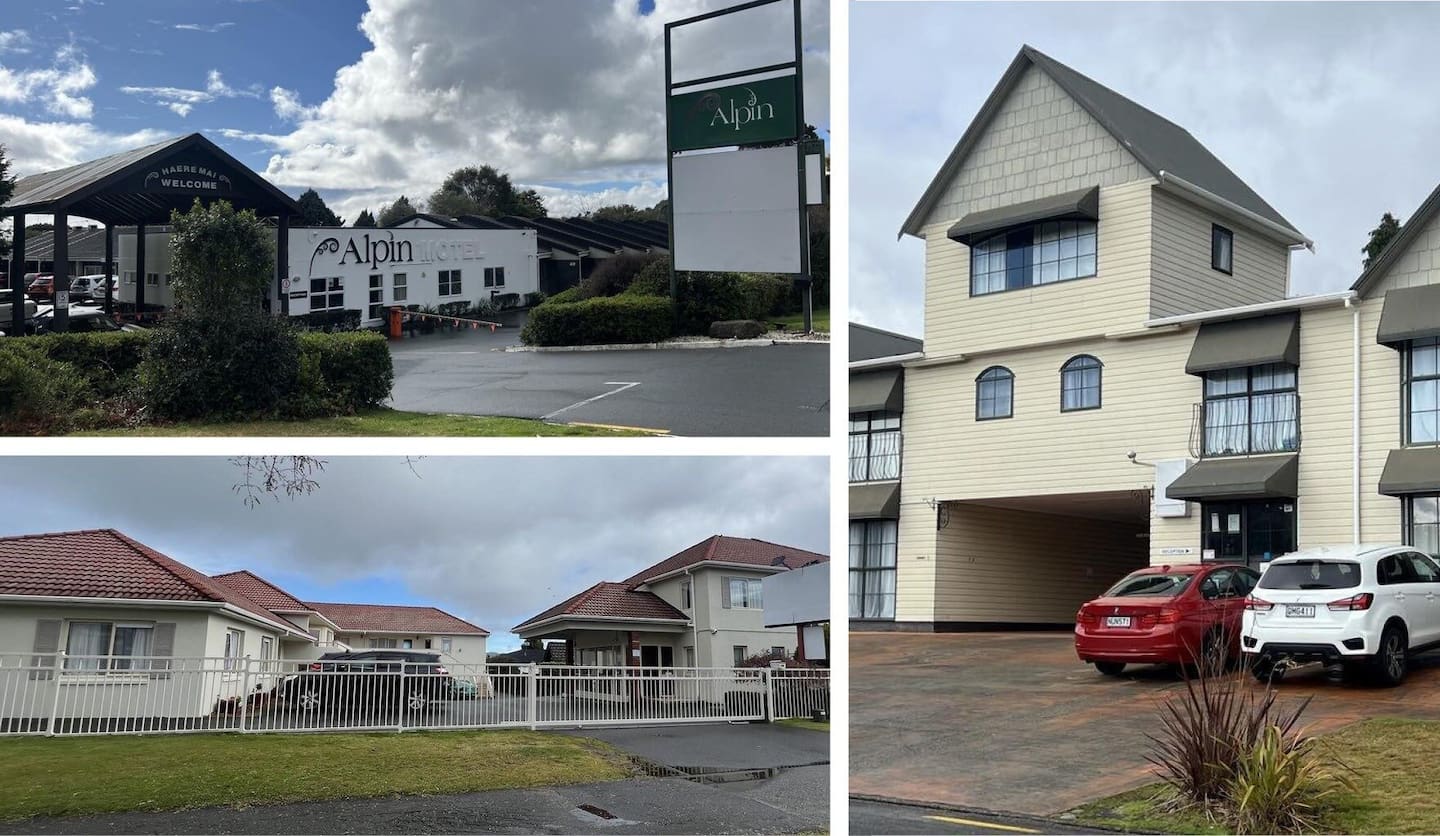 The emergency housing motels to close (clockwise from top left), Alpin Motel, Pohutu Lodge and Geneva Motel. Photos / Kelly Makiha