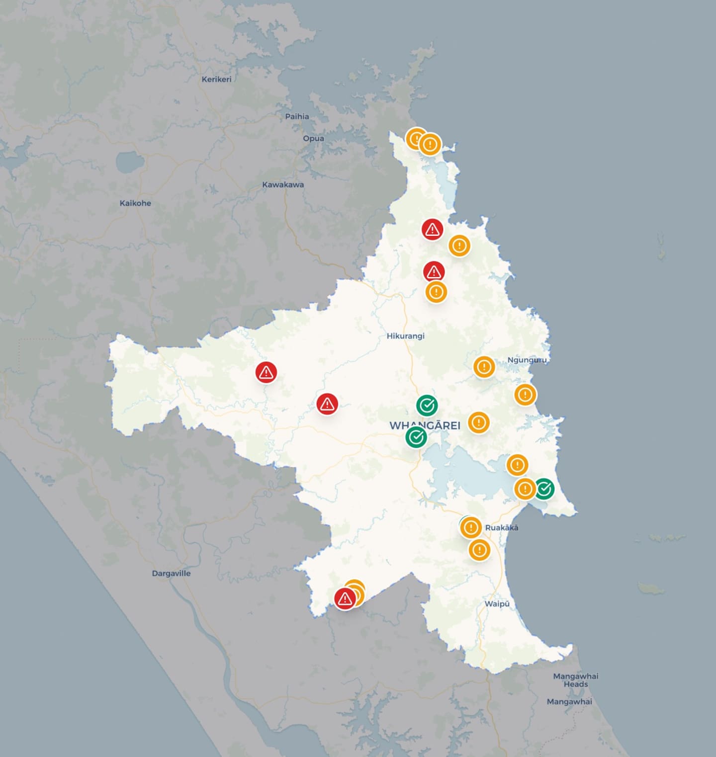 A map of impacted roads in Whangārei, as of 9am. Photo / WDC