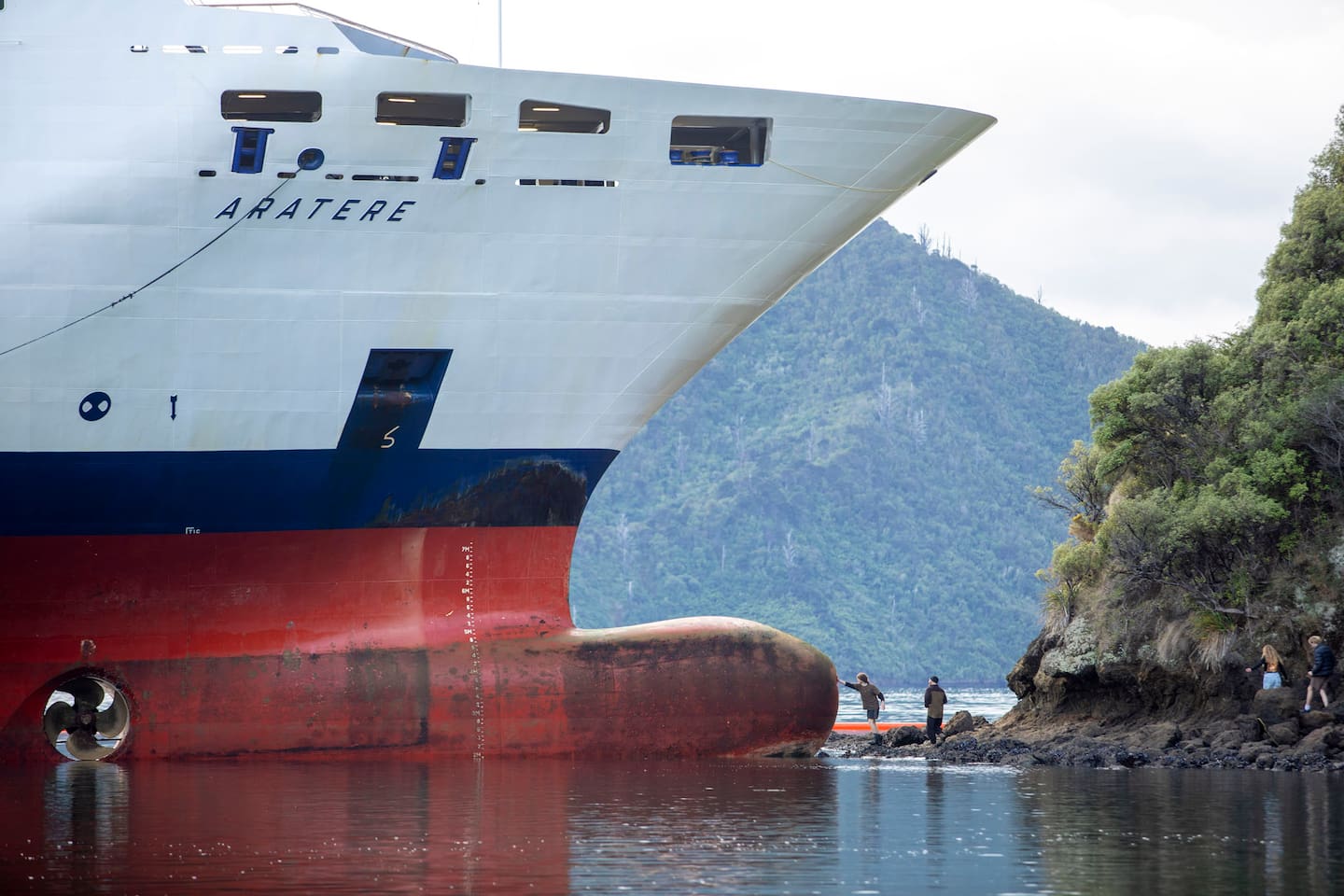 A member of the public reaches out to touch the bow of the stranded Interislander ferry Aratere in Picton.