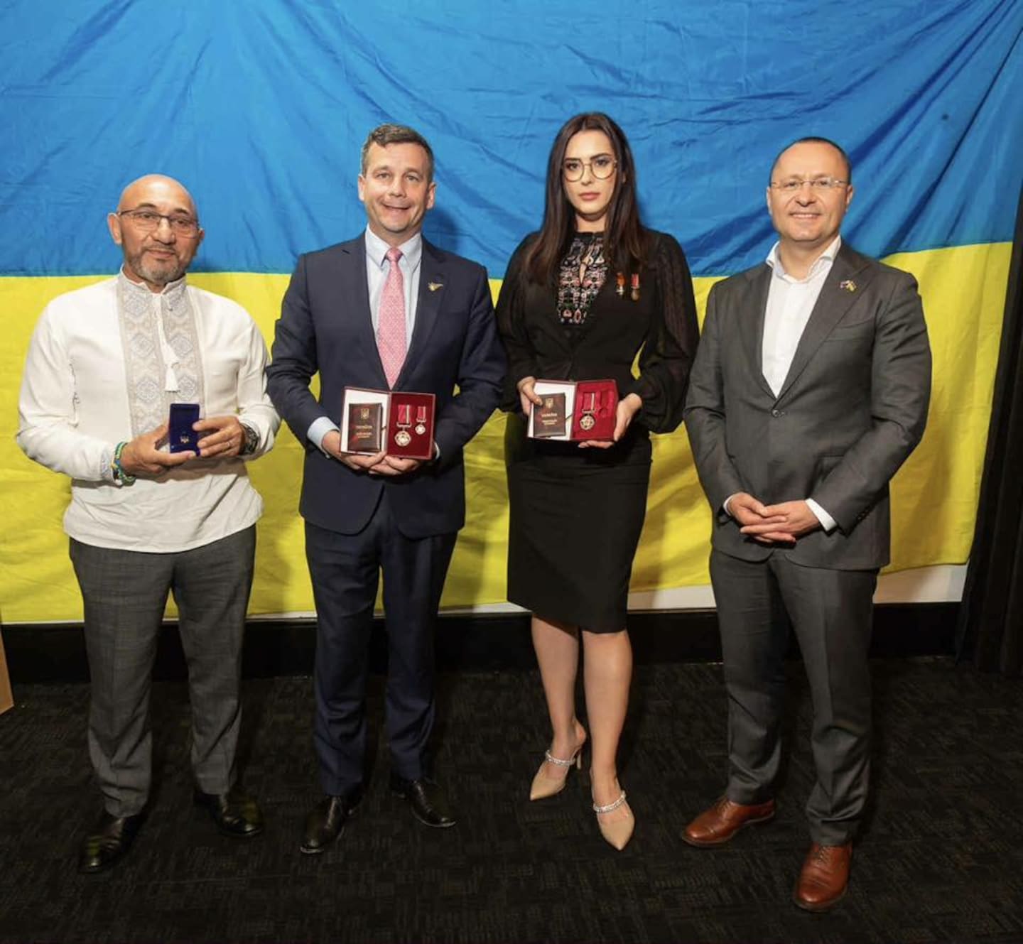 Deputy Prime Minister David Seymour, Mahi for Ukraine spokesperson Kate Turska and former Defence Minister Ron Mark were awarded the civilian honours from the Ukrainian government. Photo / Mahi for Ukraine