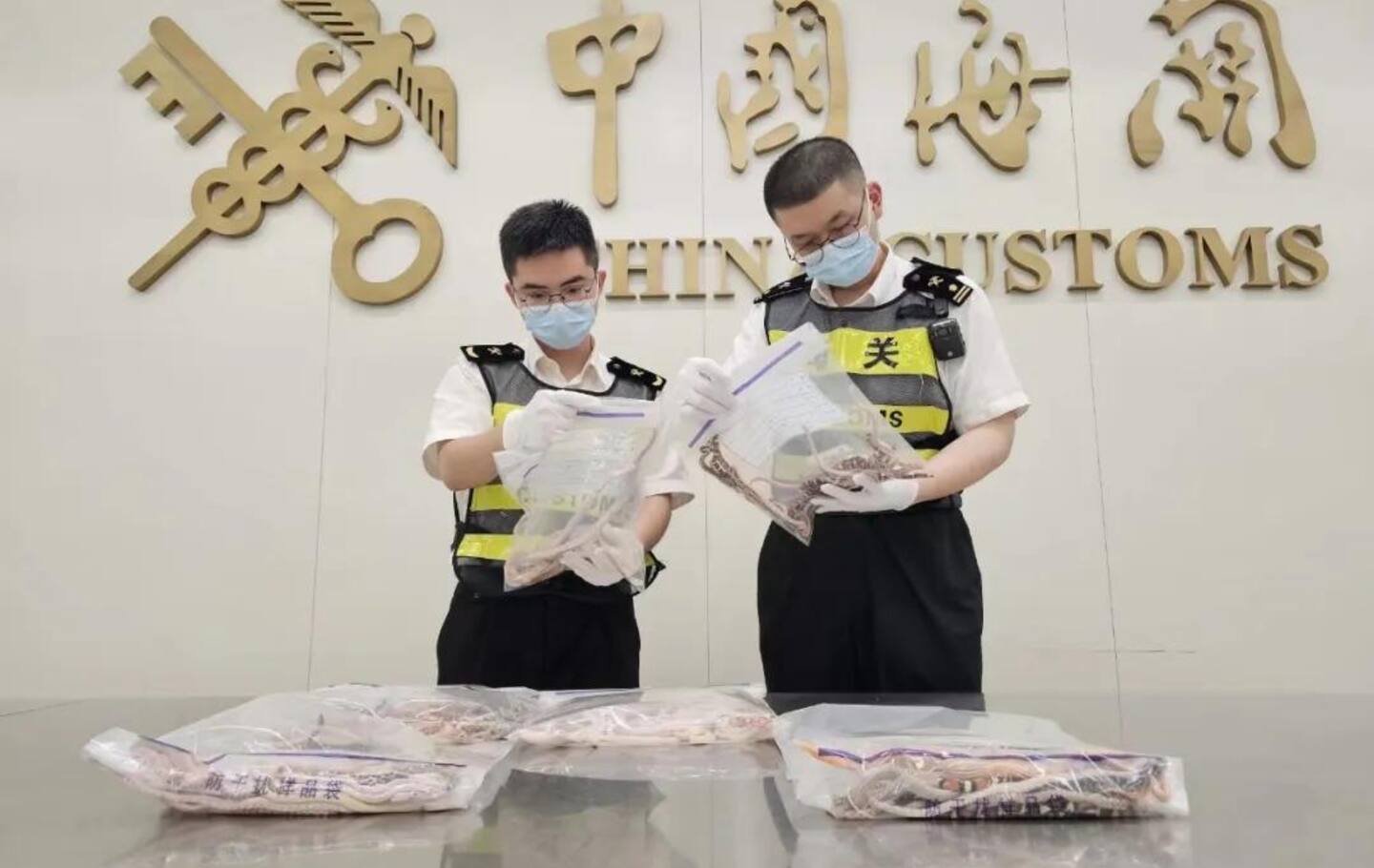 The man stored 104 snakes in six bags and hid them in the pockets of his pants. Photo / China Customs