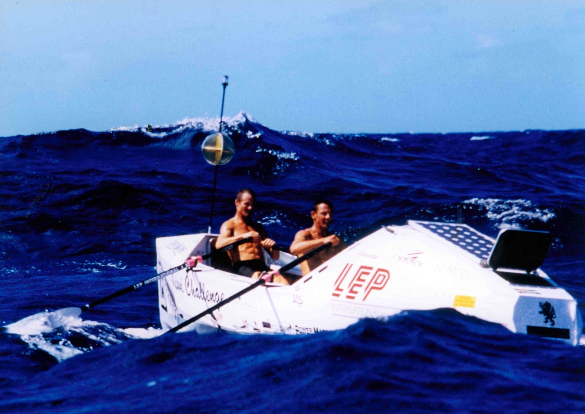  Rob Hamill and Phil Stubbs, somewhere in the Atlantic Ocean. Together they won the inaugural trans-Atlantic Challenge in 1997. Photo / Supplied.
