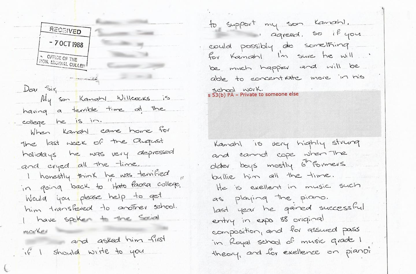 A letter penned by Tupetagi's mother to Hon Michael Cullen in 1988.