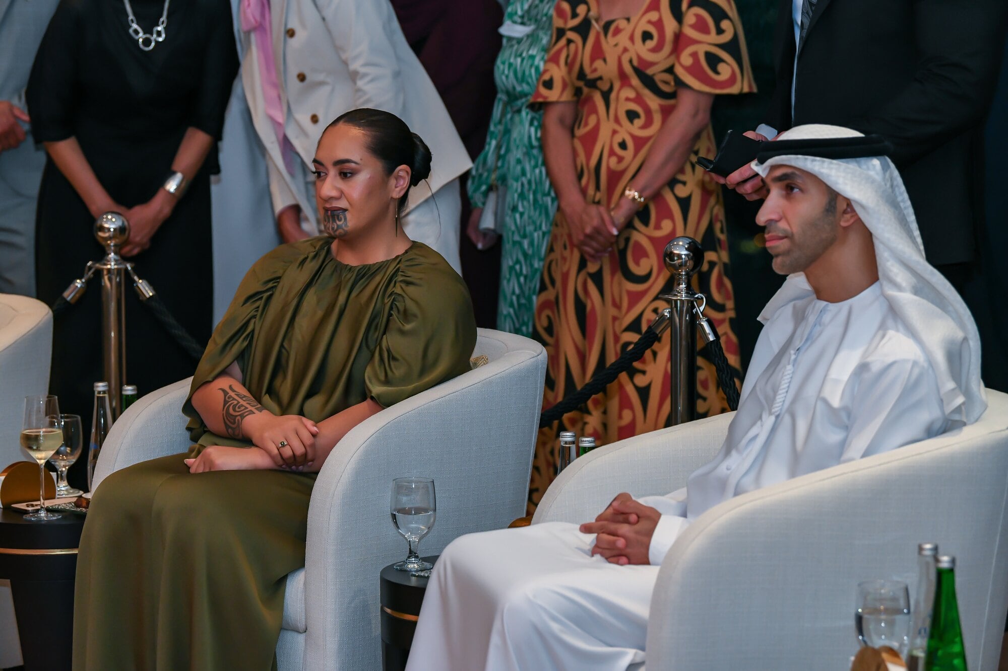  Te Arikinui Kuini Nga wai hono i te po seated beside His Excellency Dr Thani bin Ahmed Al Zeyoudi, UAE Minister of Foreign Trade. Photo / Shadow Professional