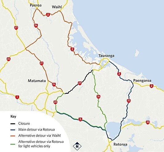  A map showing the closure and alternative routes. Image / NZTA