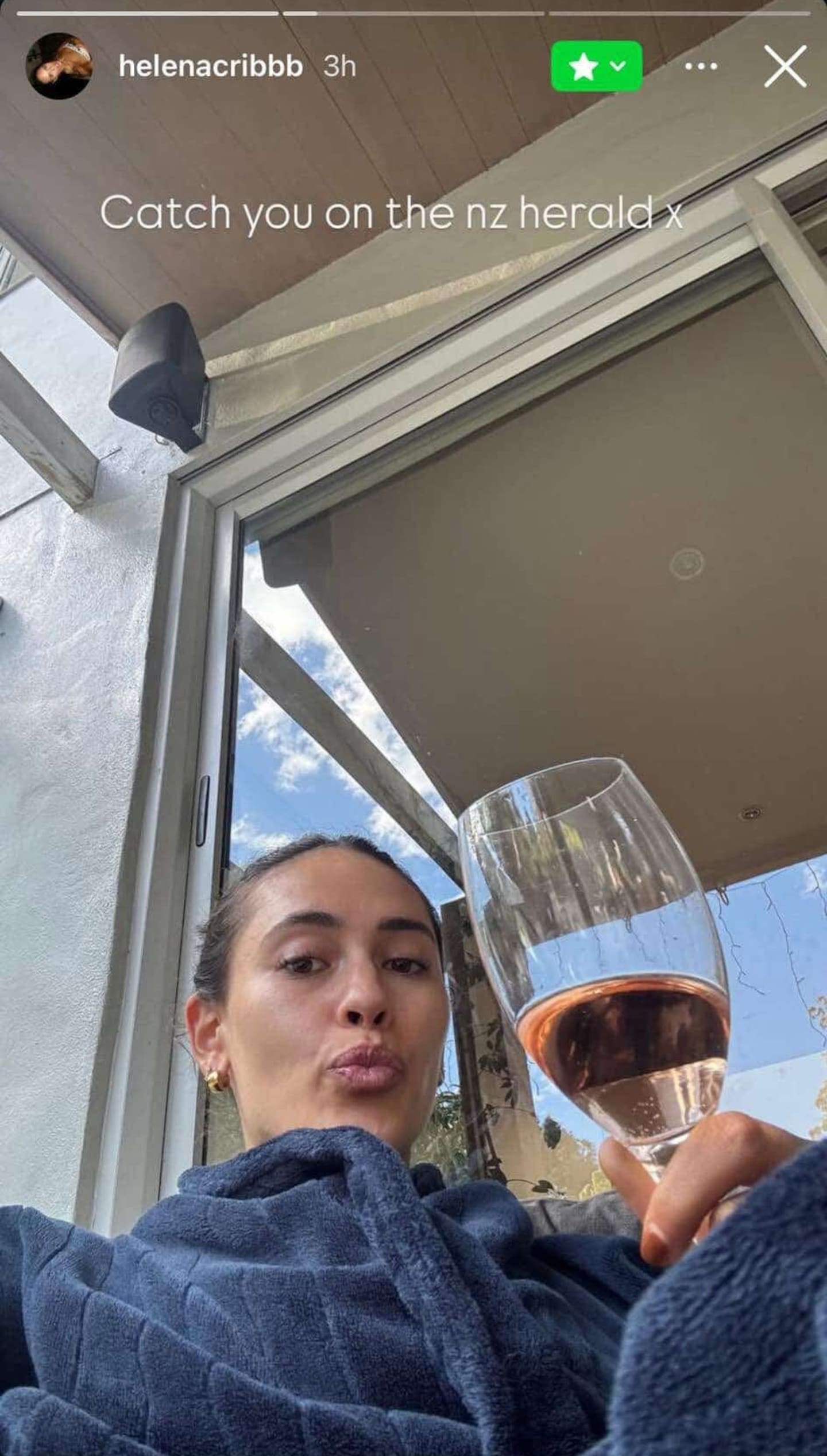 Helena Cribb, sentenced to home detention over the hit-and-run death of Jason Collins, poses with a wine glass in a post to her "close friends" on Instagram, since leaked to the Herald, ahead of her sentencing last week. Photo / Supplied